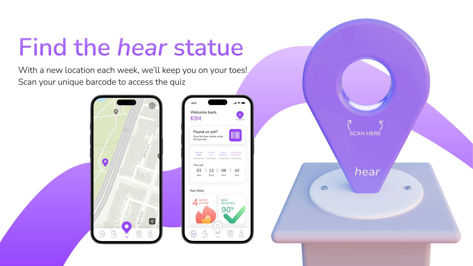 Image of the hear statue, with images of the app’s Home page and Map interface