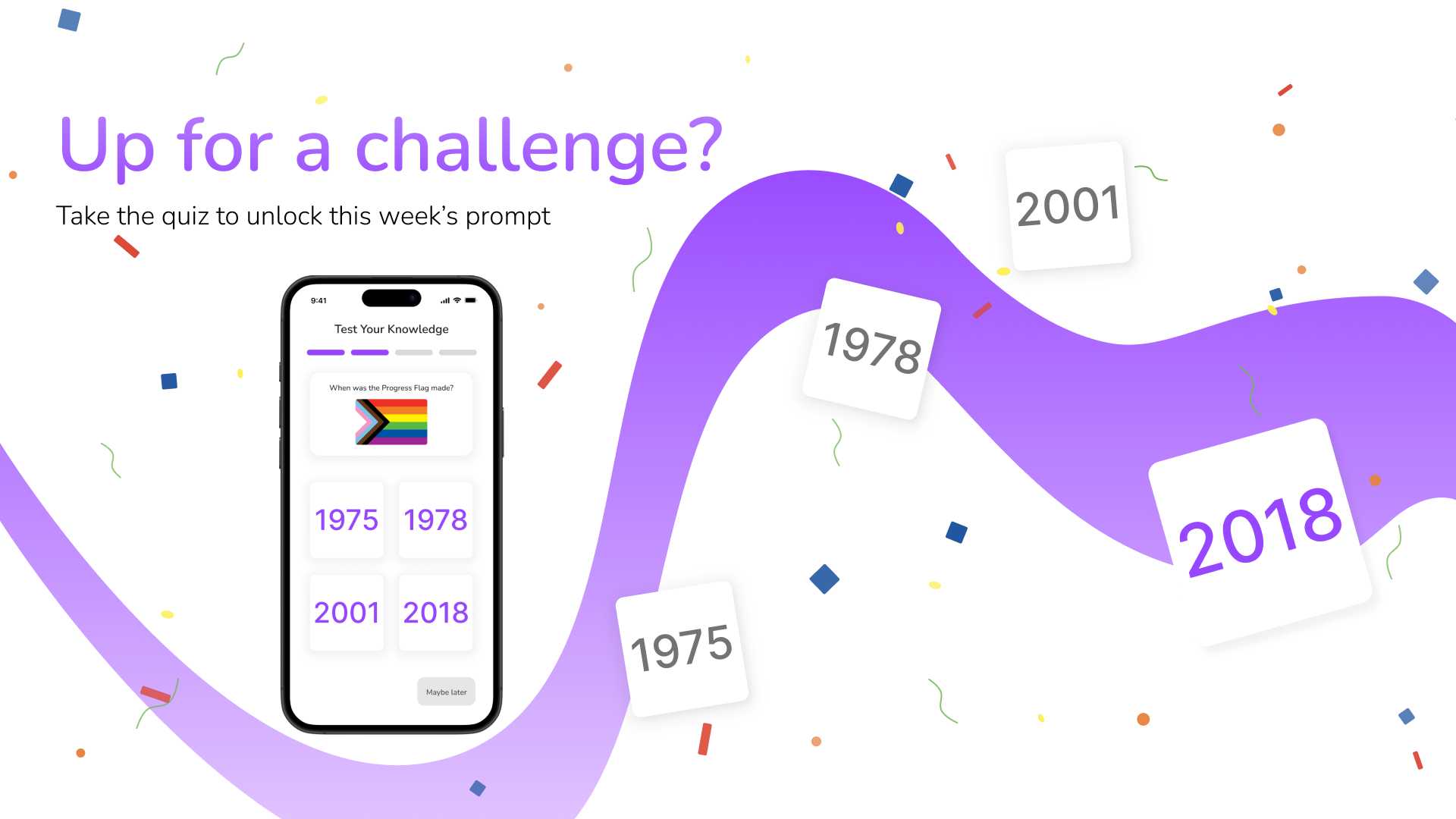 Image of the Quiz feature, used to engage users with challenging questions to promote learning about the LGBTQ+ community