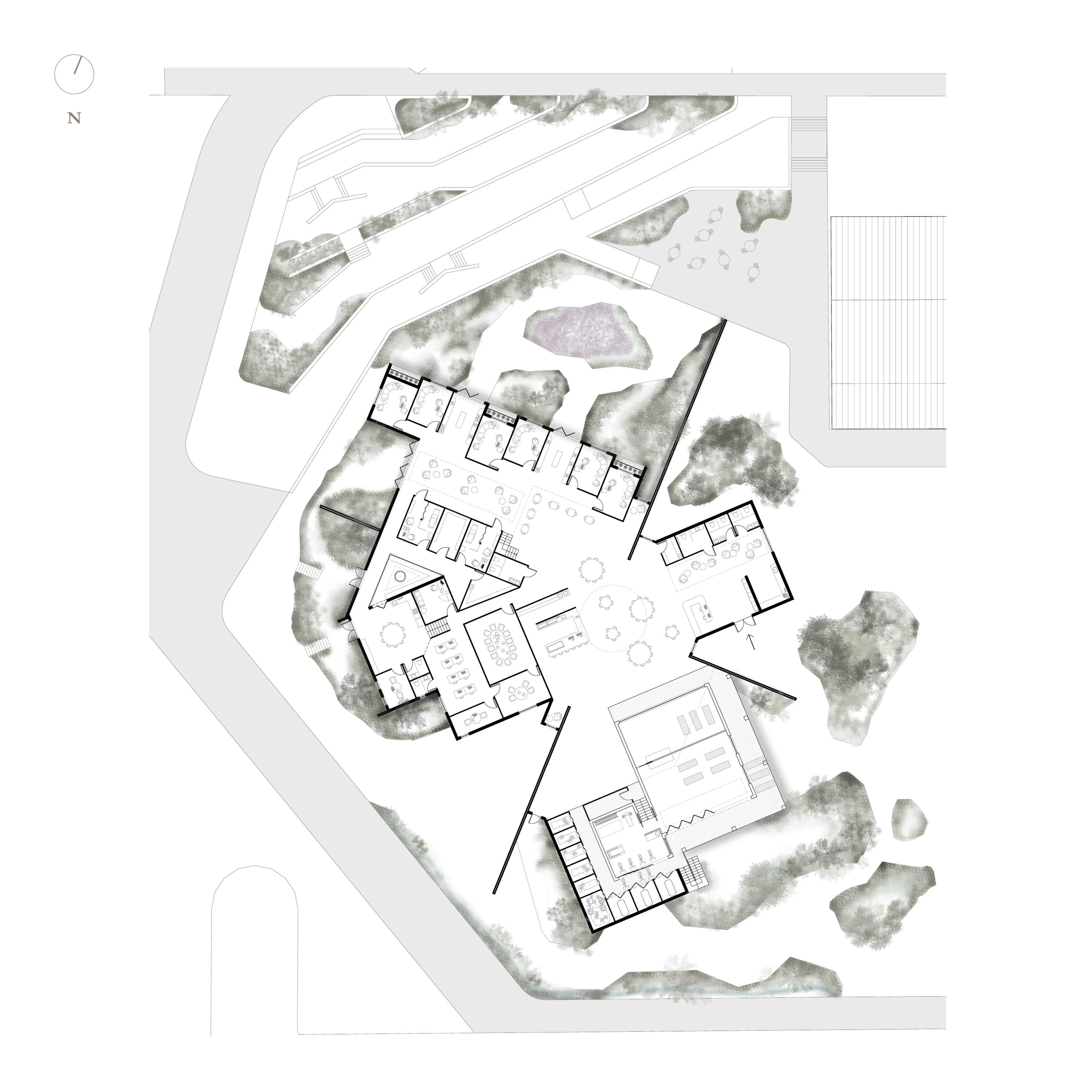 Eveleigh's Garden Floor Plan. Building orientation and program zoning was established based on the cardinal points of the compass. This created four distinct zones, unified by the central communal space.