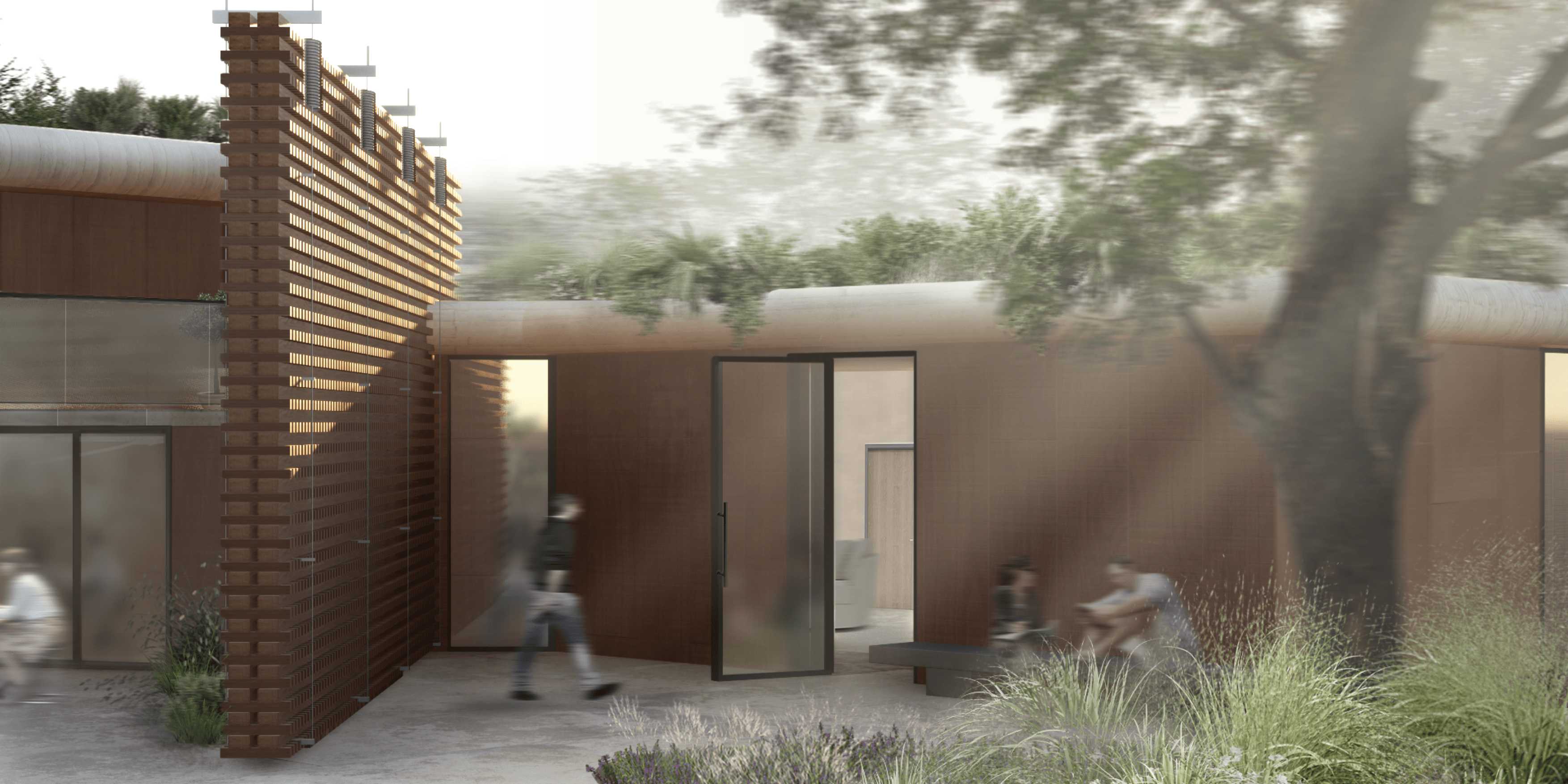 Eveleigh's Garden Exterior Render. The entrance is located in the east of the building. It aims to be subtle and unassuming, enclosed by proposed vegetation to warmly embrace its users.