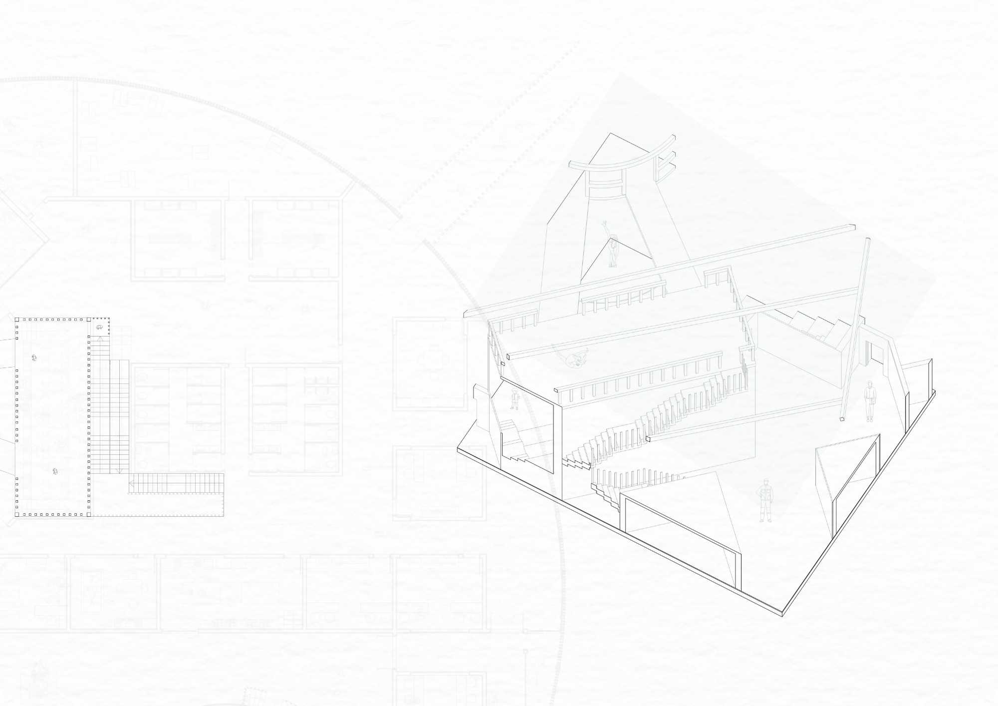 Rigging of Returning the Pieces' auditorium in axonometric view 