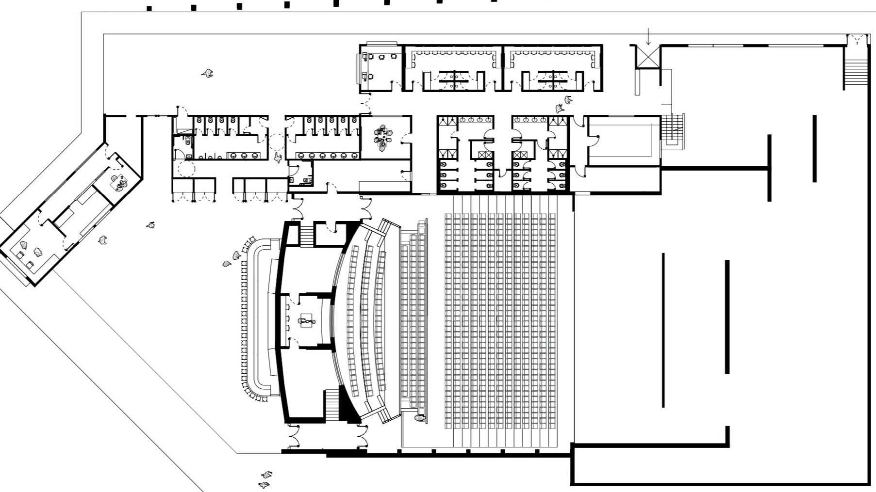 The roof plan shows rational working areas contrasted with random open spaces, echoing the site's playful design.