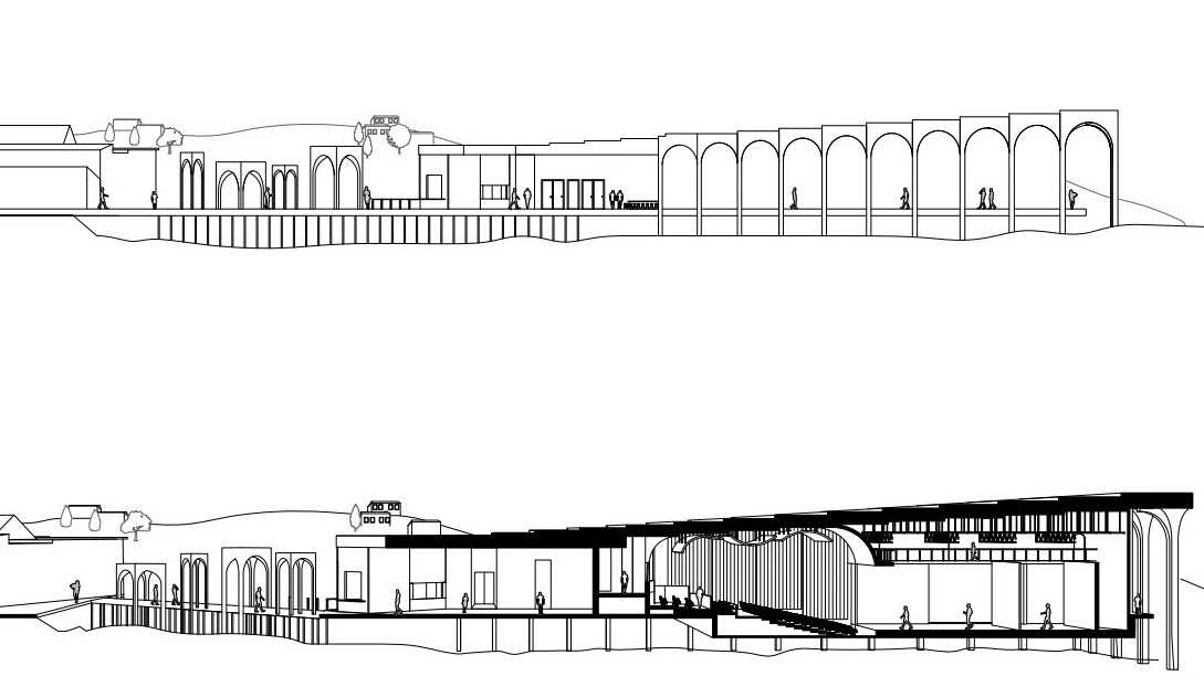 Section and sectional perspective highlight spatial depth, functional layers, and the interplay of structure and light.