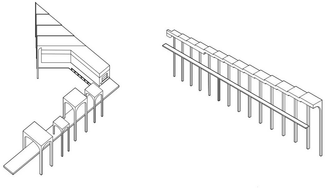 The axonometric diagram shows spatial relationships and key design elements.