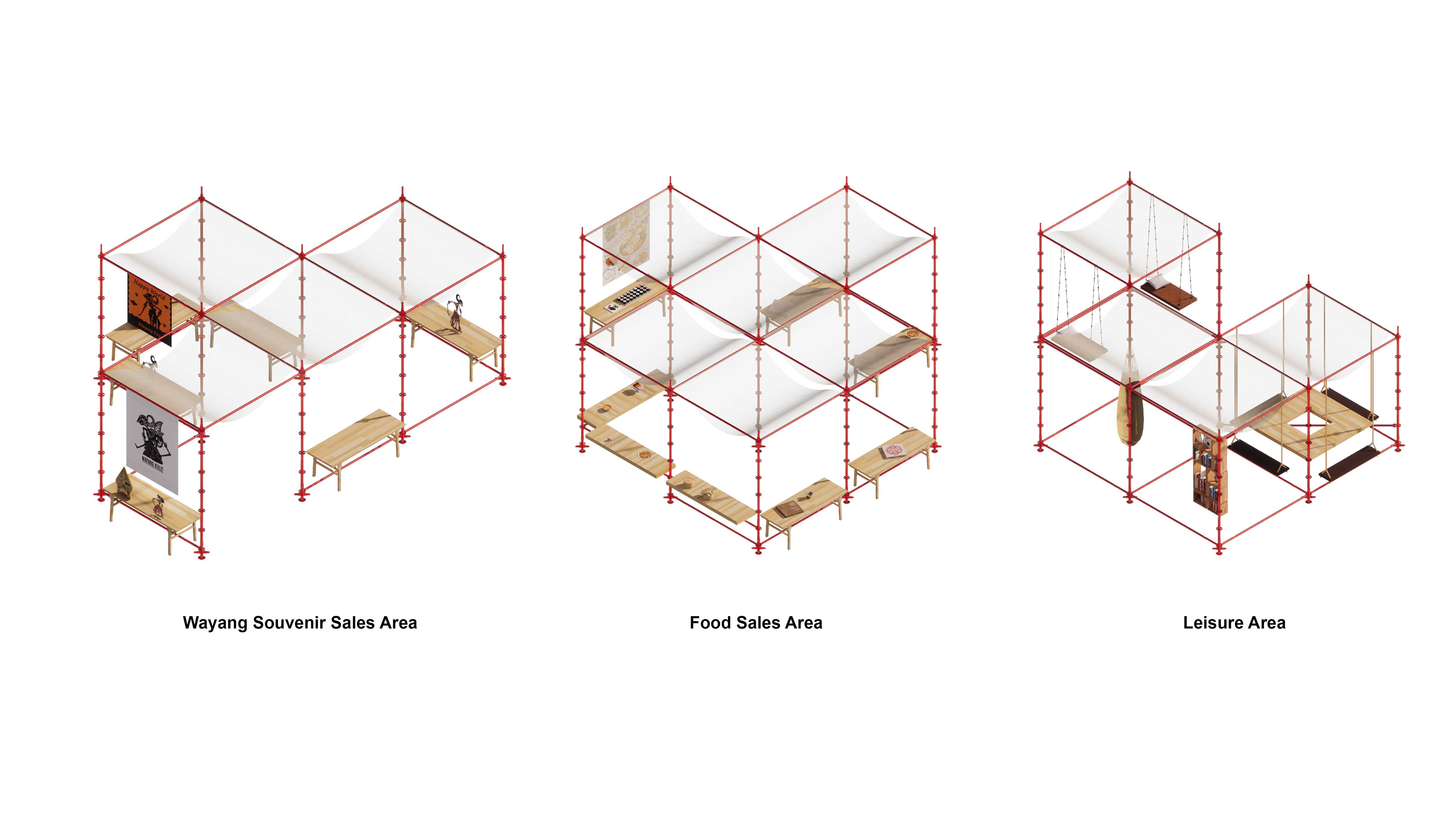 The flexibility of scaffolding enables the creation of diverse, adaptable spaces in the square to meet visitors' needs.