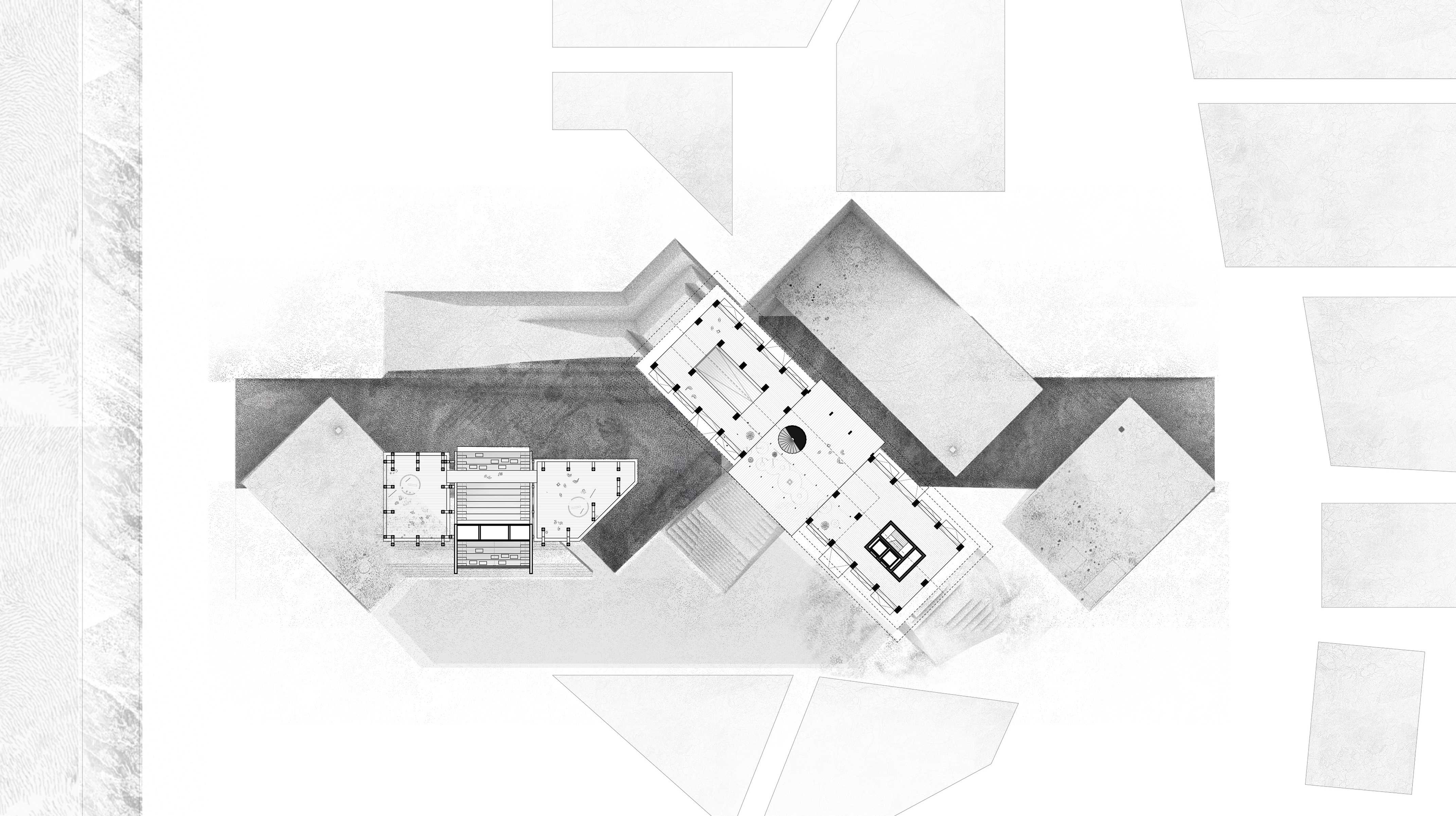 The pavilions are oriented to relate to the topography of the pit. Both structures use the manufactured terrain to test out various  conditions identified in the analysis of mine sites.