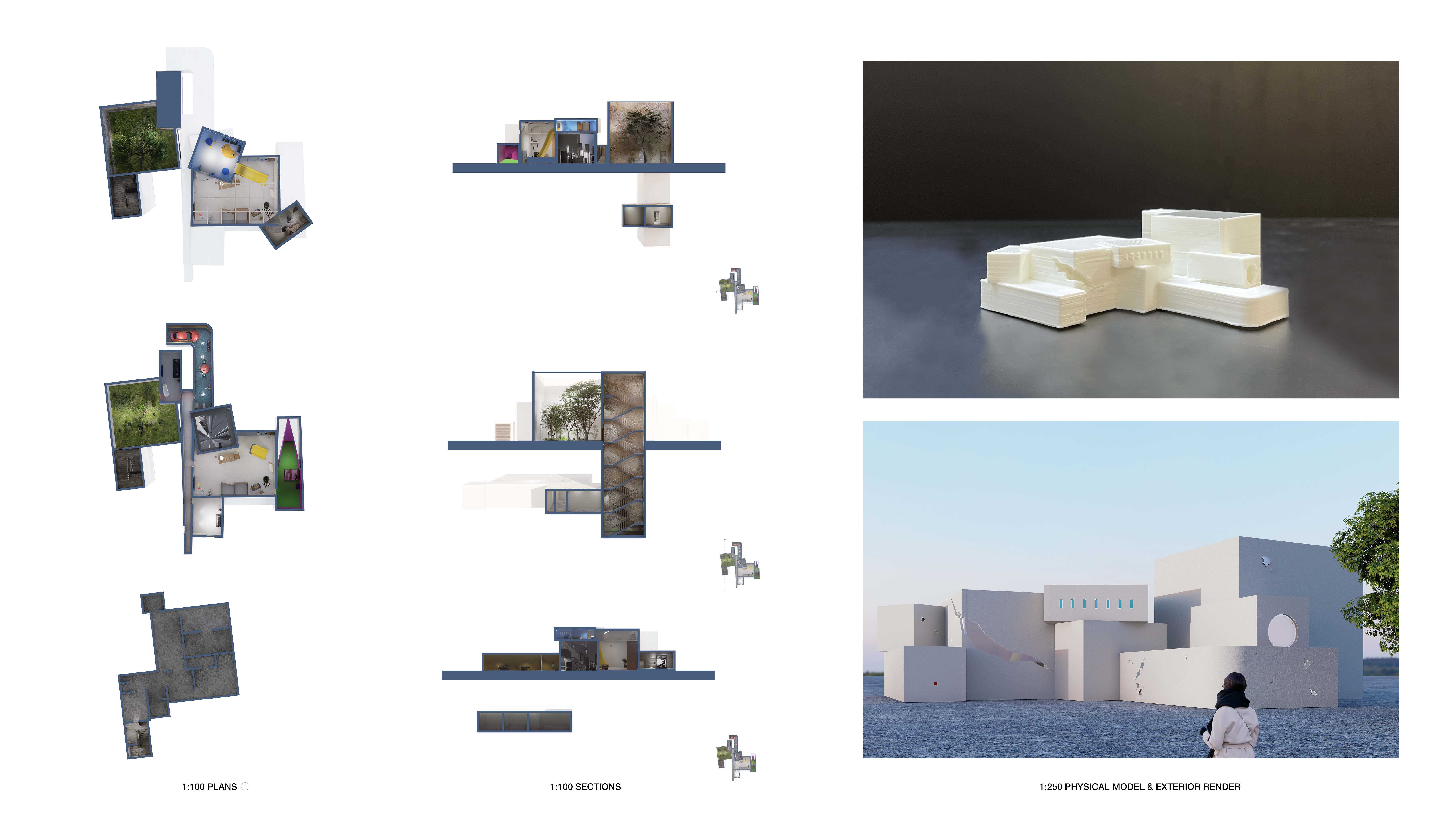 Plans, Sections, 1:250 Scaled Physical Model & Exterior Render of the Dissociated Art Gallery of Kim Noble