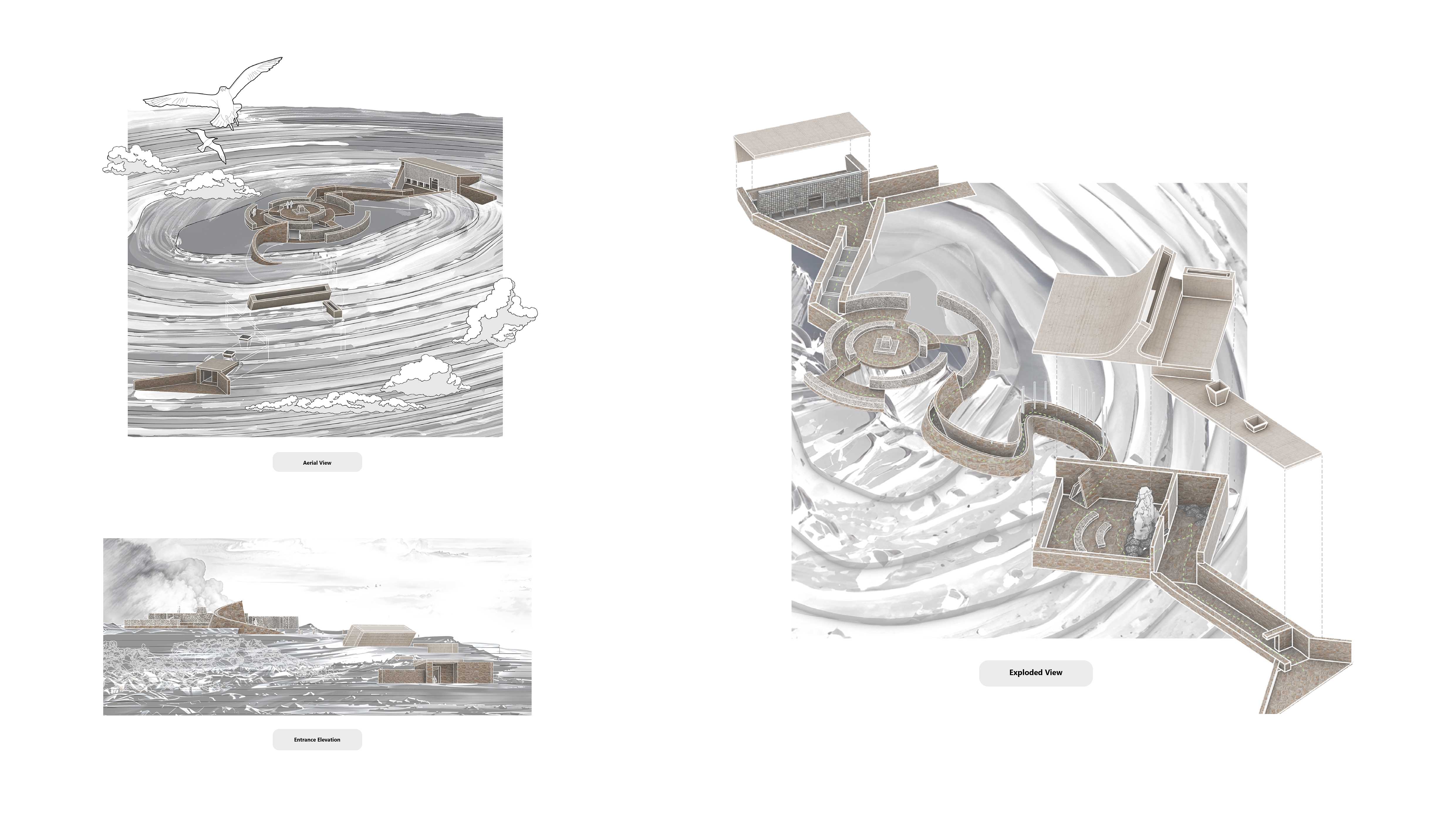 The exposure of structured geometric forms in the open landscape demonstrates respect for the site while reflecting the concept of defining essence beyond appearances. The exploded axonometric view effectively illustrates the observer’s journey.