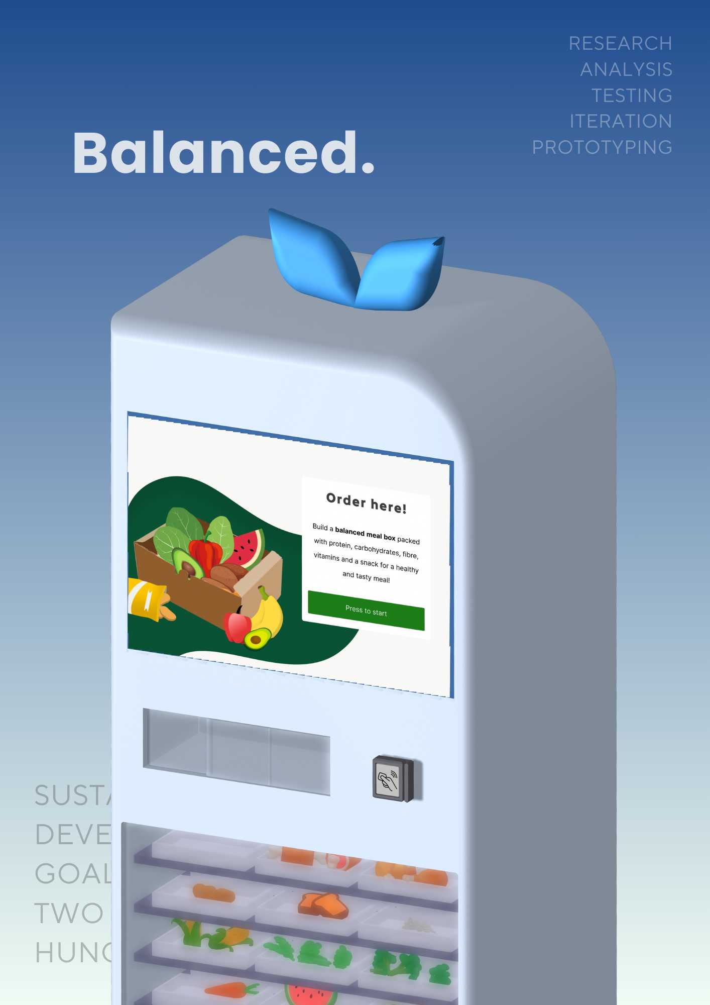 A zoom in of the Balanced. machine. The machine contains an illuminated sprout, a kiosk screen, card scanner, retrieval area and produce display glass