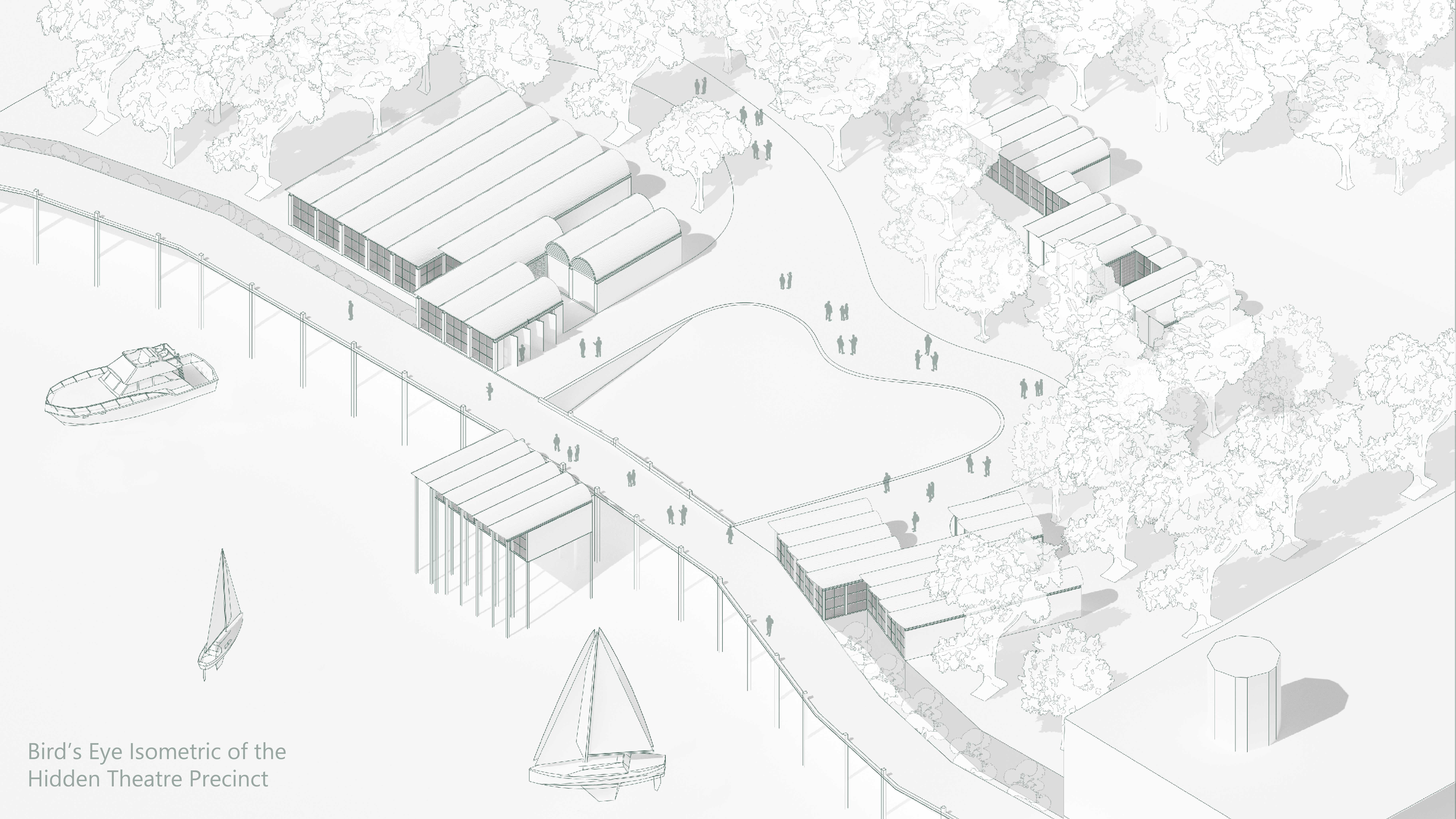 An isometric of the theatre precinct showing the location and scale of the 4 buildings in context with Lavender bay