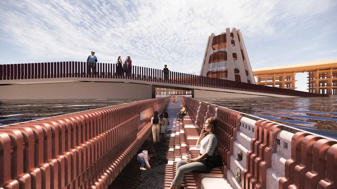 Visitors begins an emotional journey on ascending or descending bridges. The descending bridges compresses time and floods, simulating 1.5°C and 3°C global warming scenarios. These two pathways conveys that no one is safe from rising seas no matter which route is taken, provoking feelings of guilt, fear and urgency.