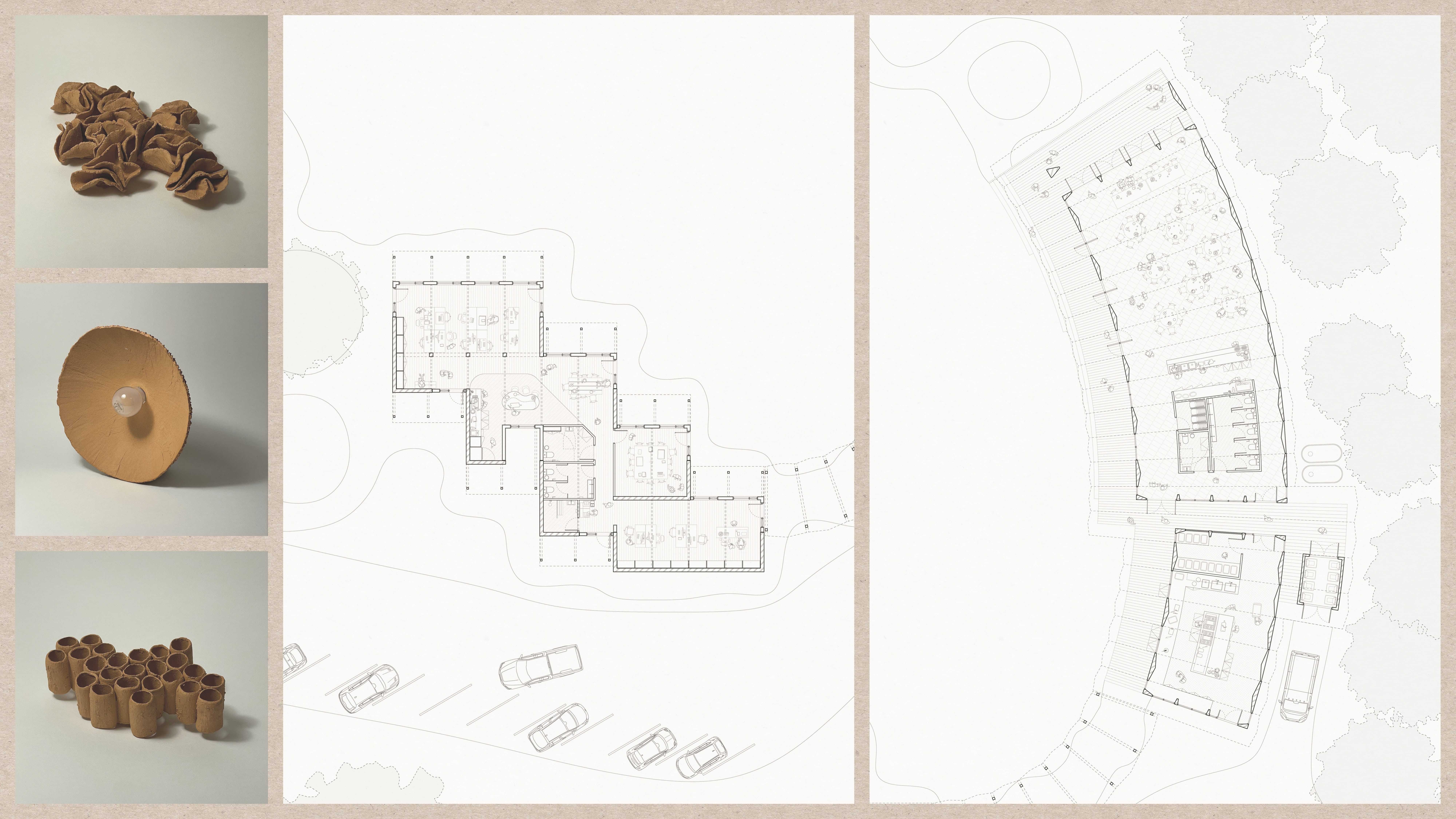 Left; Sculpture photographs. Middle; Ground floor plan of existing office building. Right; Ground floor plan of proposed building. 