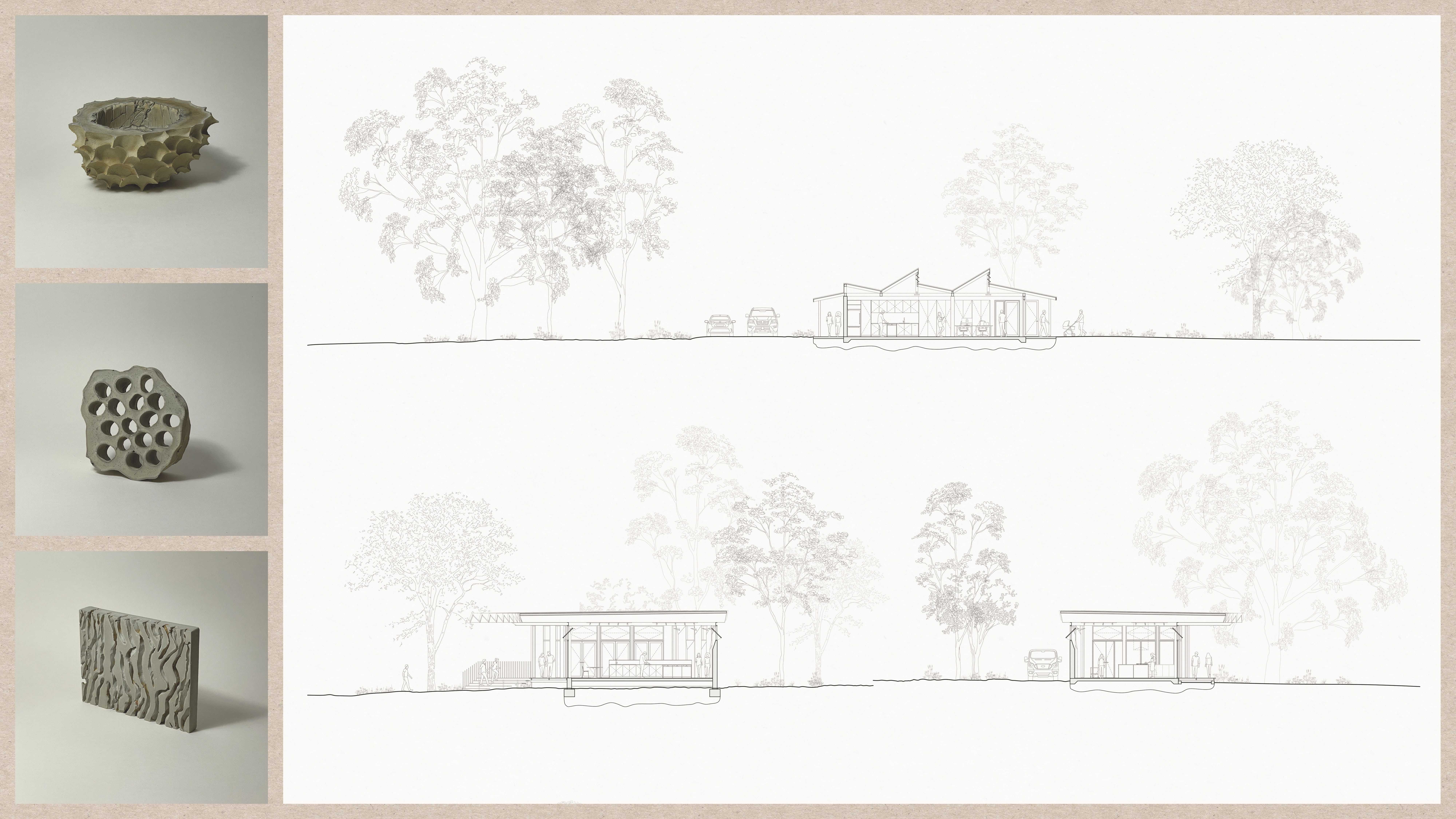 Left; Sculpture photographs. Right; Section of existing office building and short sections of the proposed building. 