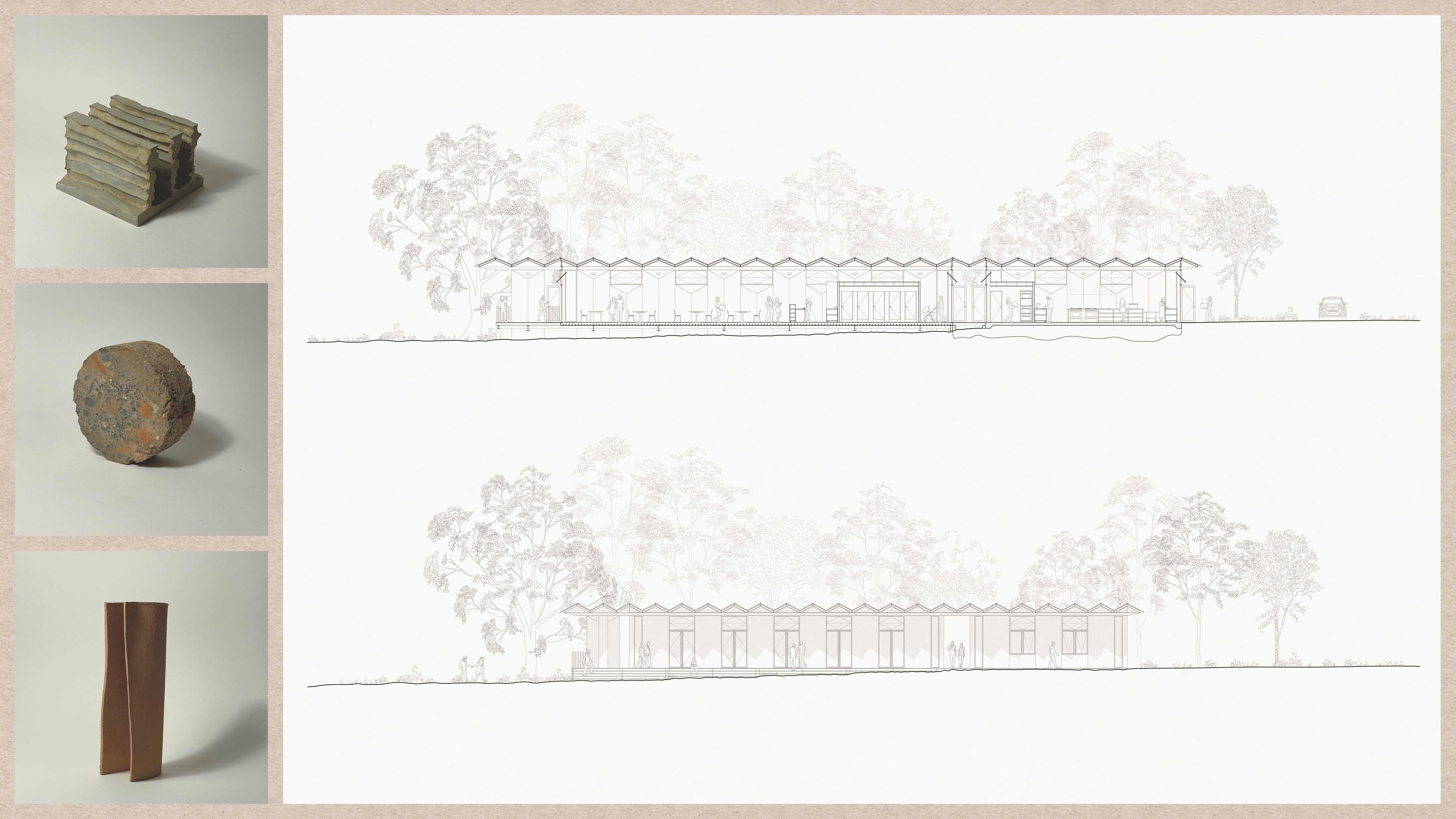 Left; Ceramic sculptures. Right; Long section and elevation of the proposed building.