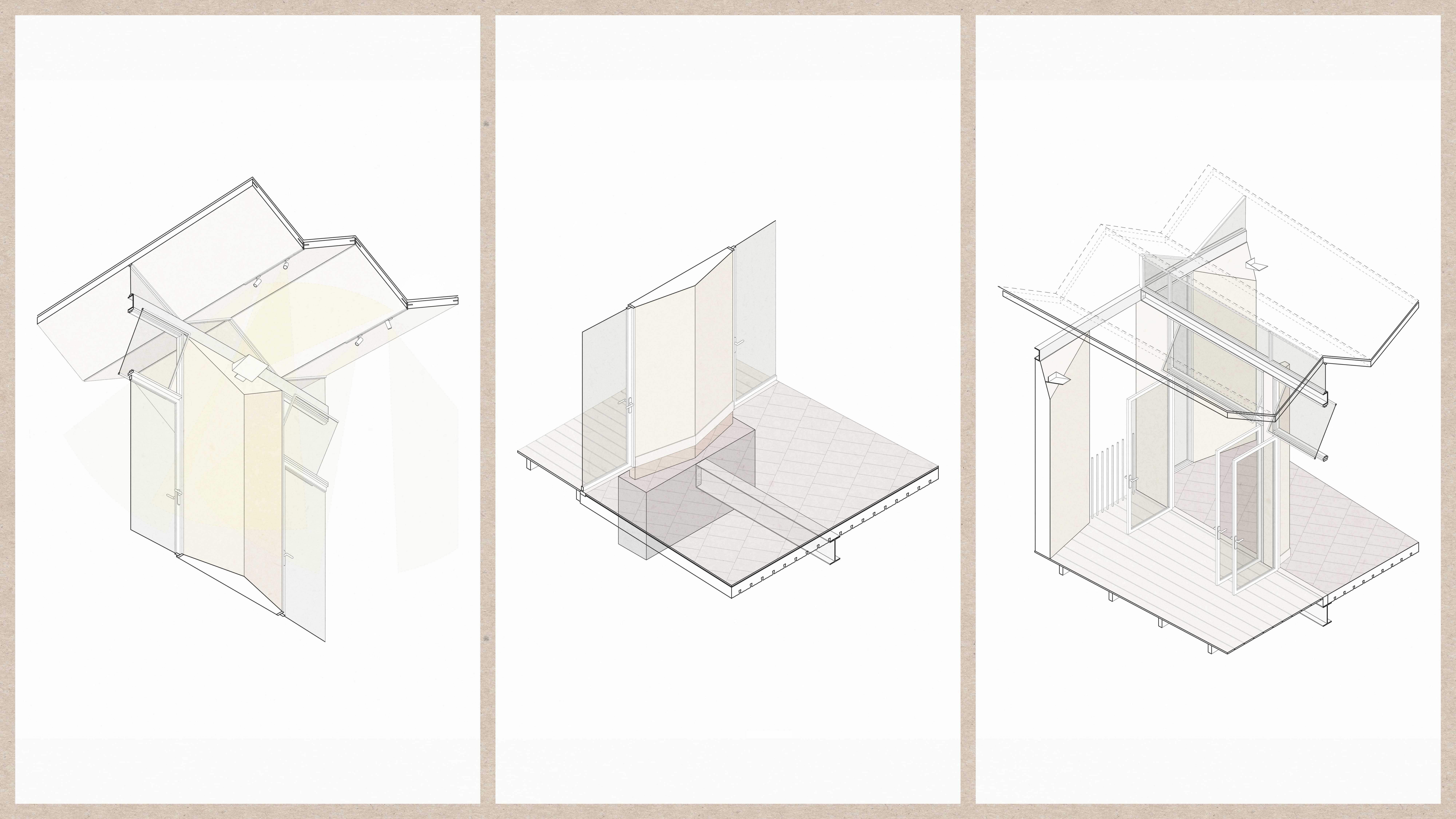 Left; Blade column and roof worms-eye axonometric. Middle; Suspended slab axonometric. Right; Threshold axonometric.