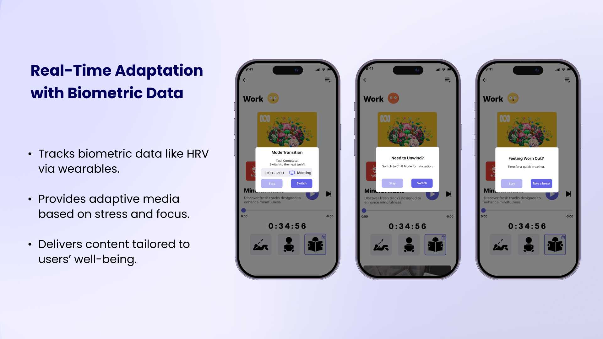 Another feature uses biometric data to adapt audio in real time, adjusting content based on stress and focus levels to support users' relaxation and concentration needs.