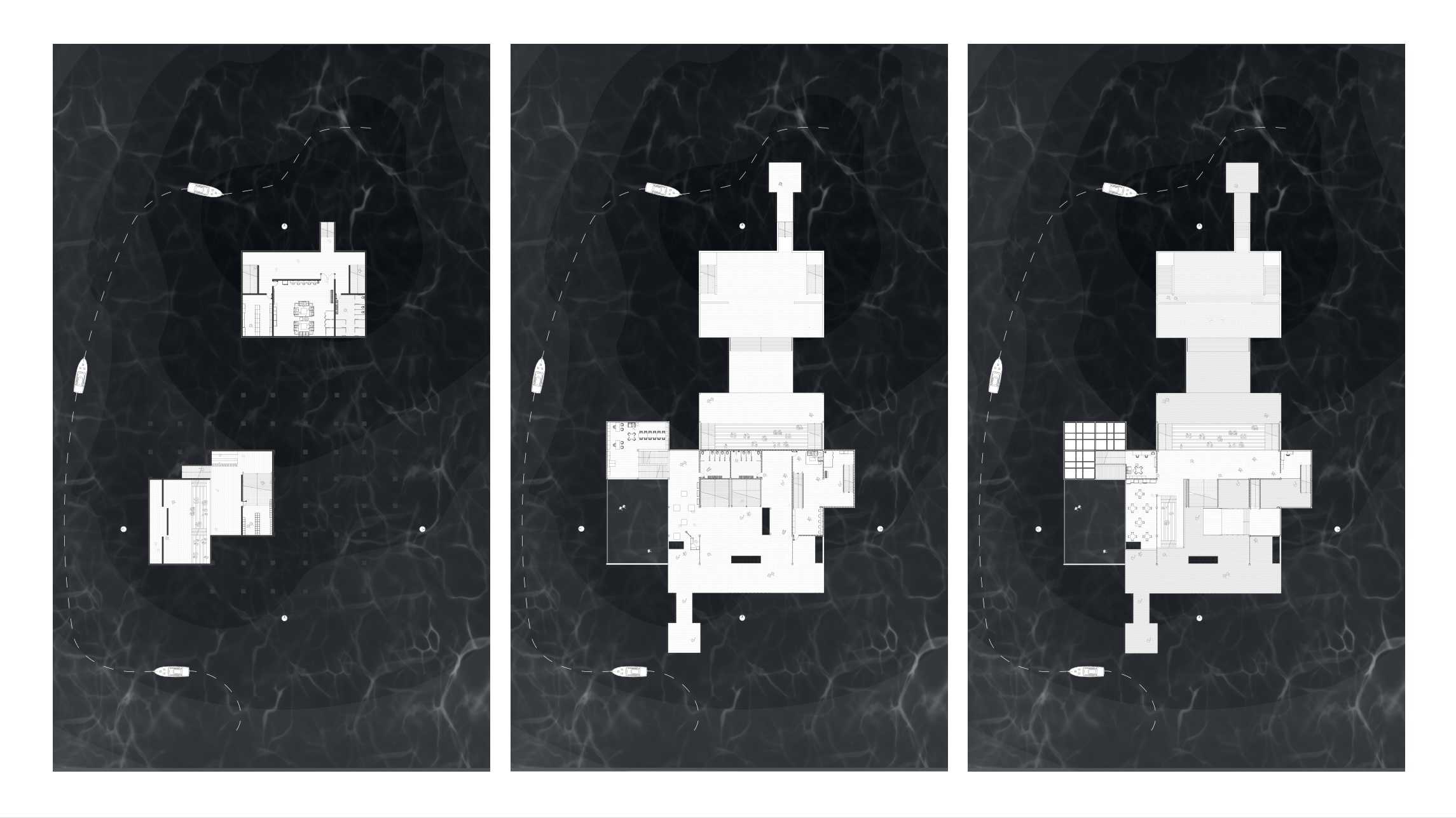 Floor plans of the theatre, showcasing adaptable layouts across basement, ground, and first levels. Each floor integrates flexible spaces to enhance the immersive, site-responsive experience.