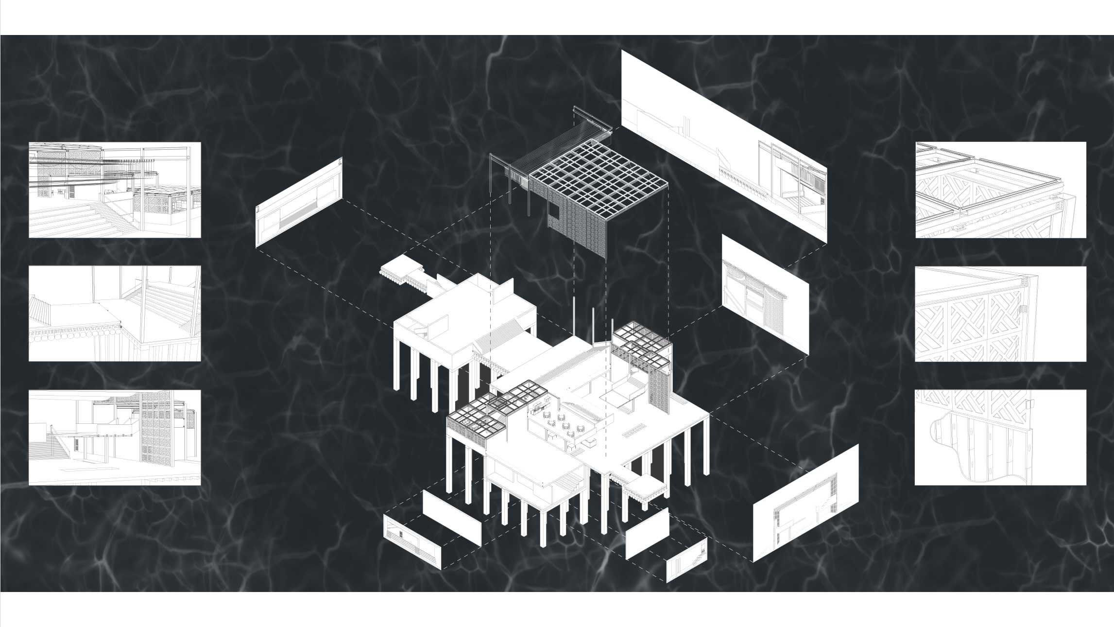 Axonometric view highlighting theatre types, with detailed construction and structural elements. Explores flexible, site-adaptive design and varied performance configurations.