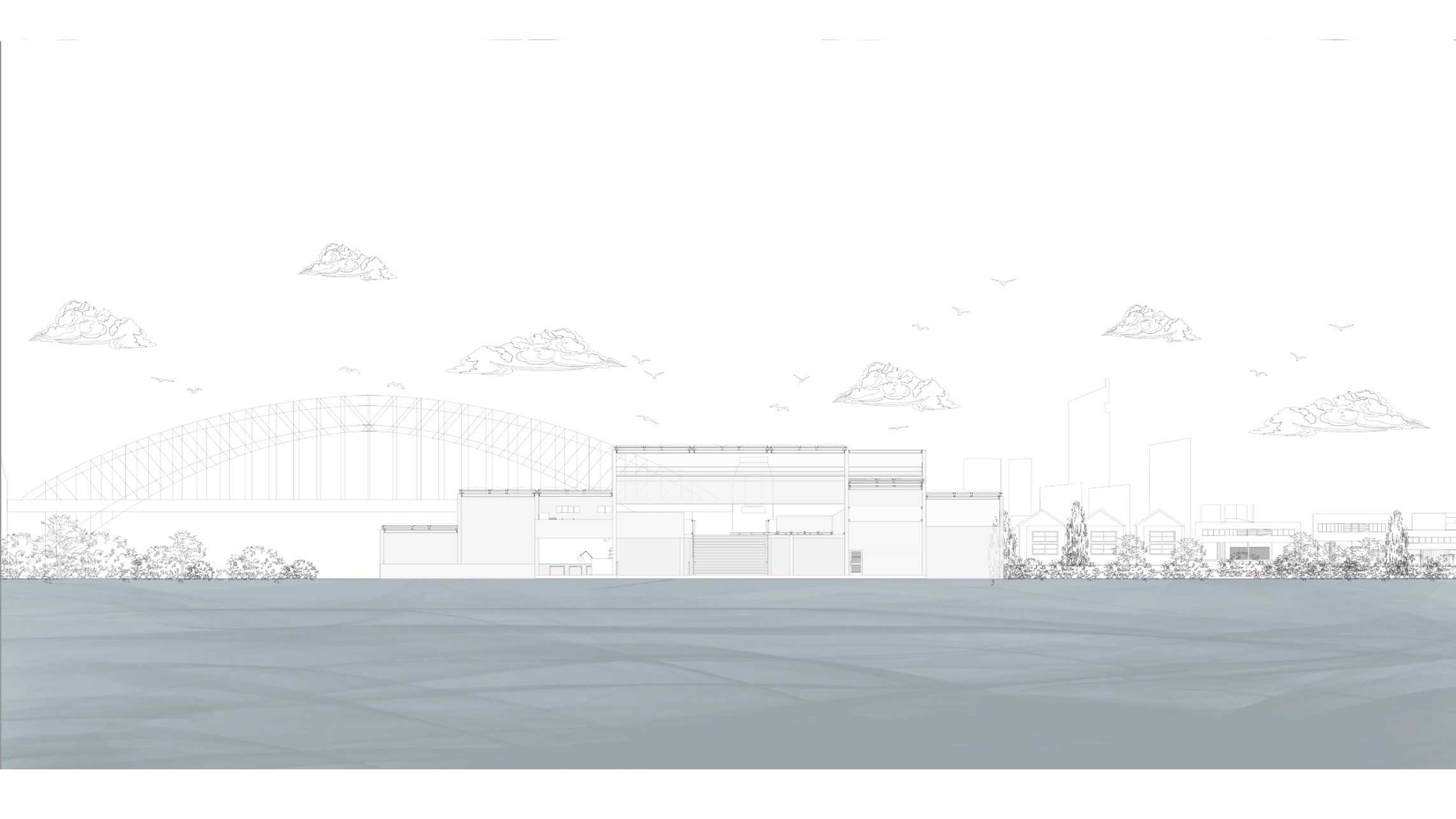 Front elevation of the floating theatre, set against Sydney Harbour’s backdrop. Highlights open design blending with Balmain, Harbour Bridge, and North Sydney views.