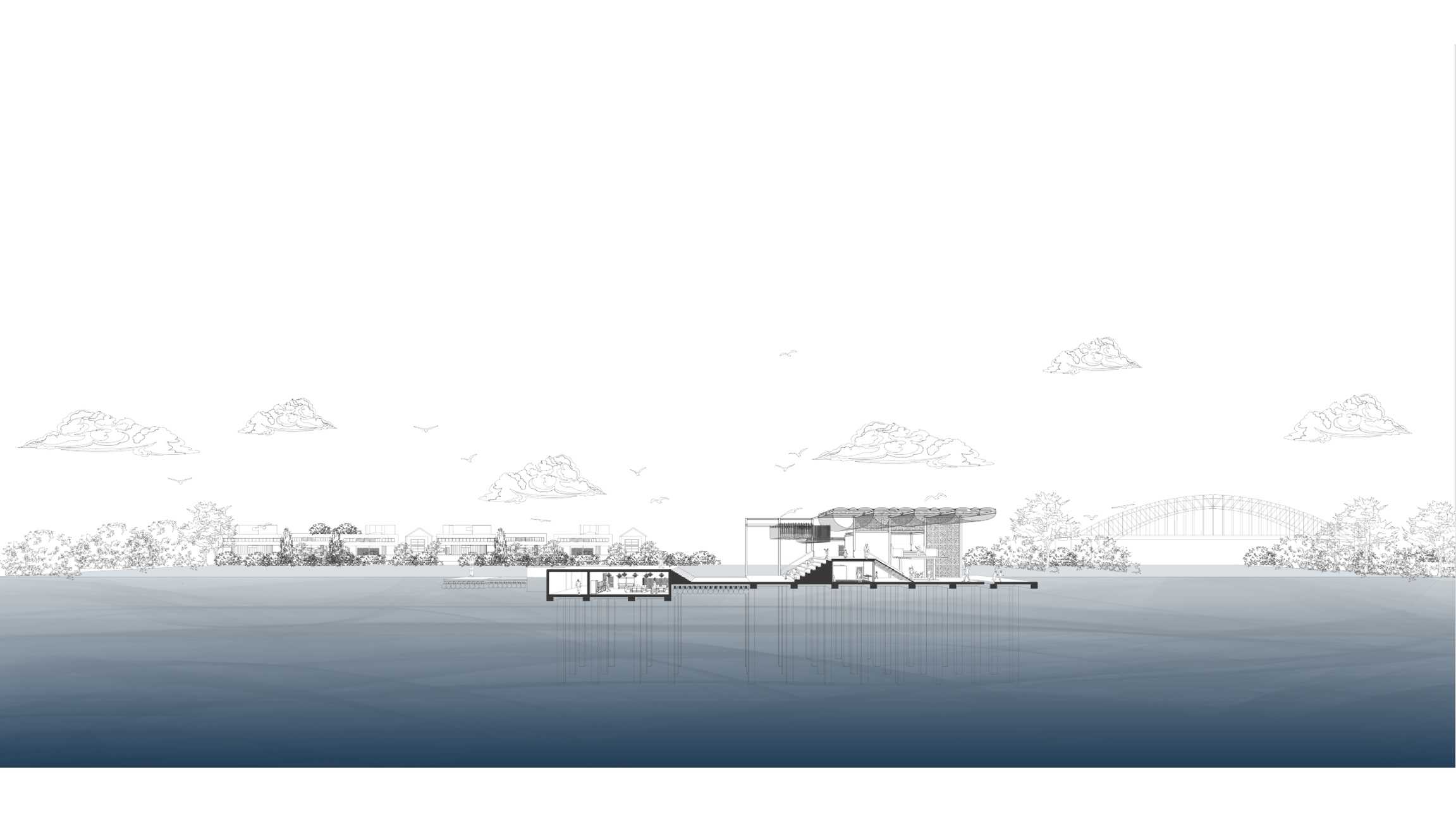 Perspective section showcasing the main theatre, seamlessly integrated with Sydney Harbour’s backdrop. Highlights spatial dynamics, open-air design, and connection to the surrounding environment.