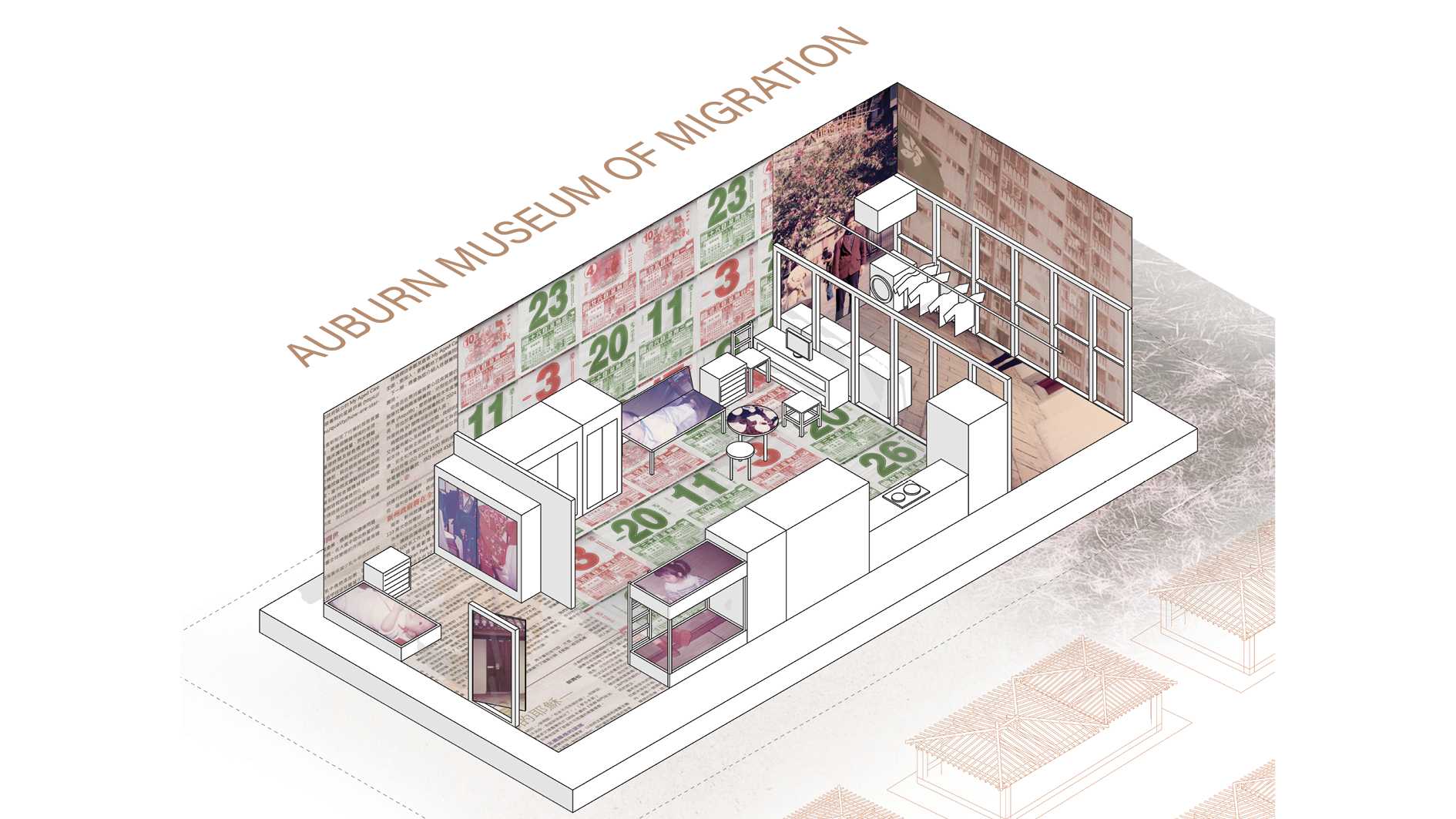 A collaged example of a architectural recreation exhibit of a nostalgic home for migrants: an apartment in Hong Kong. 