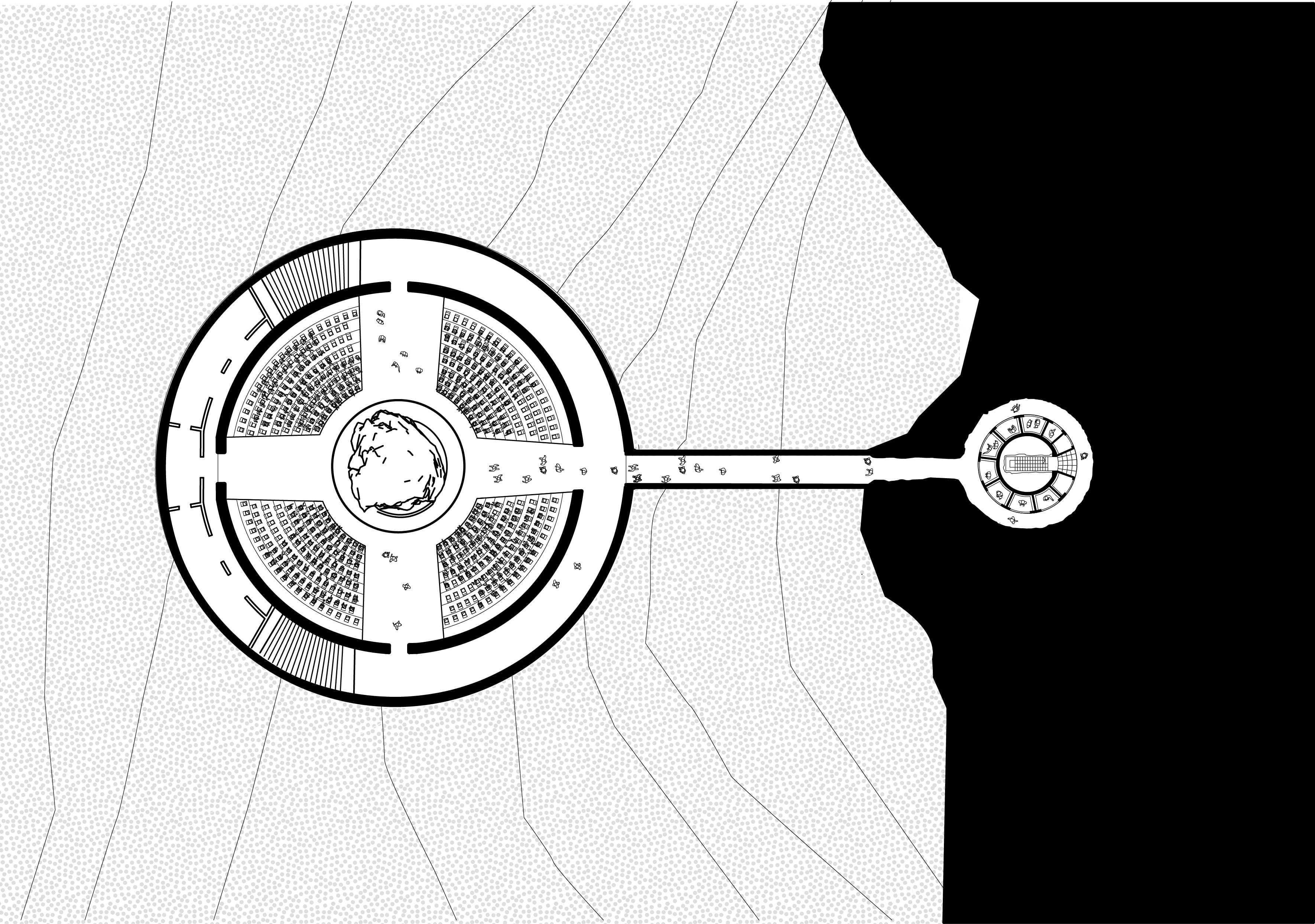 The Transition. A section render of the lift and tunnel - a visceral odyssey between reality and myth.