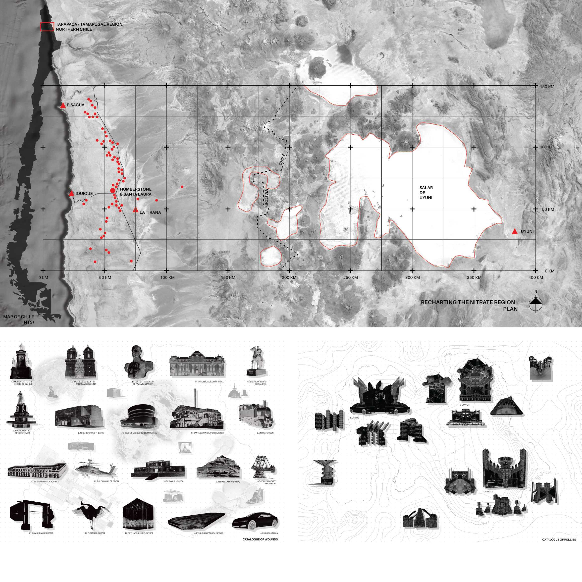 The catalogue of wounds draws scars and absences from the Lithium Triangle. The follies are a reinterpretation of these wounds, cleansing the colonial and extractivist myths of the salt lake.