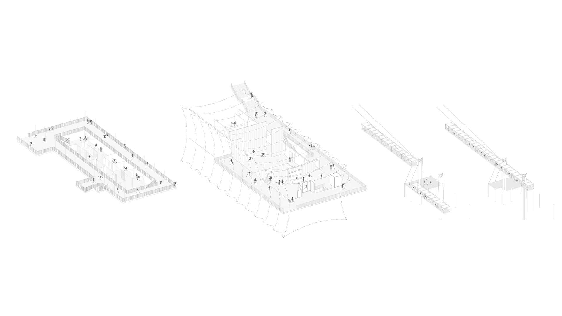 Detail axonometric exploring the relationship between public circulation and theatre. Public box theatre (left); Main theatre (middle); Waterfront entrance bridge (right)