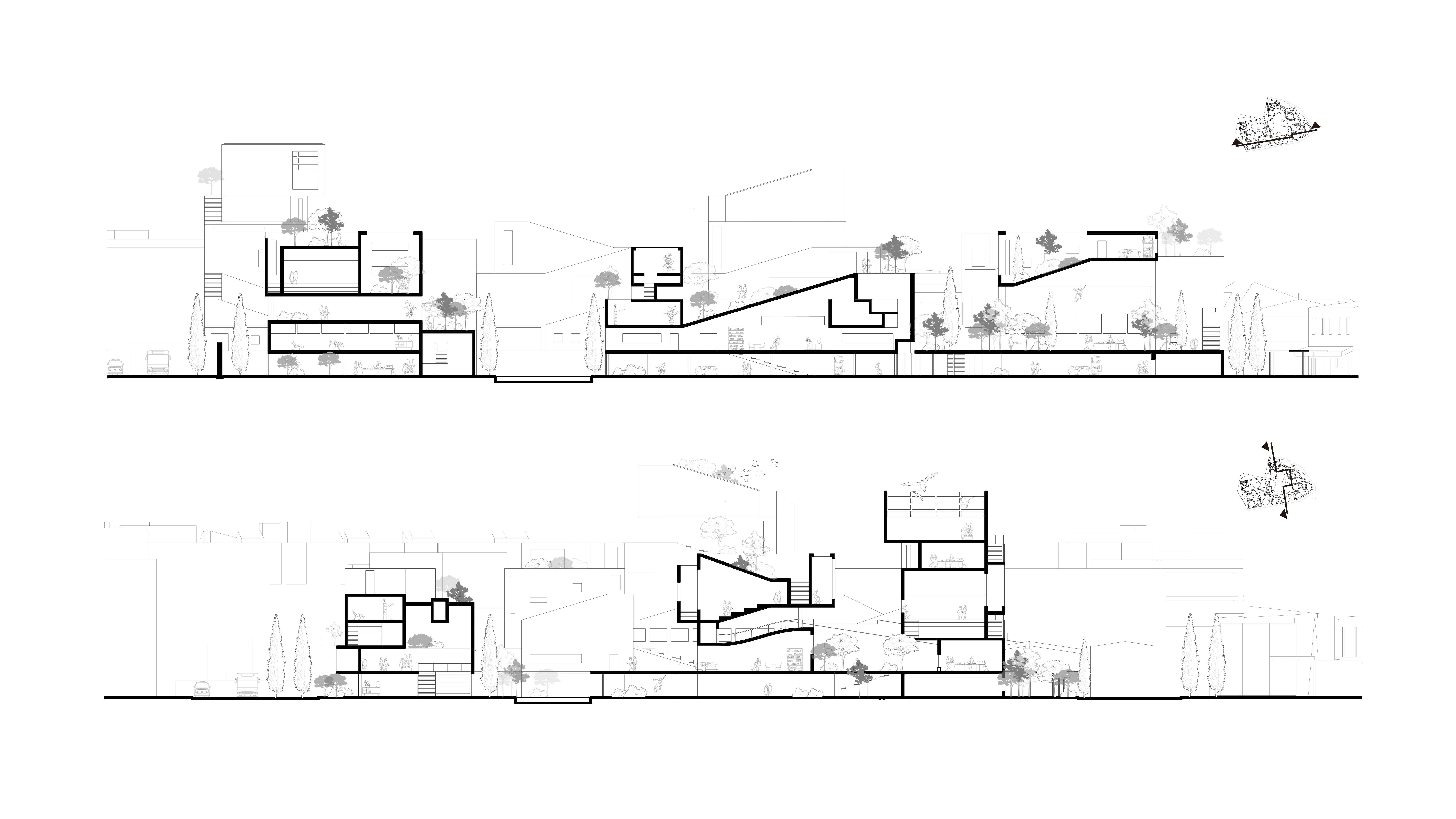 The sections depict floors with various heights, which creates possibilities for the activities on different level to encounter the green spaces. Intimate relationships between visitors and nature are realized through the green spaces permeation into the users daily activities.