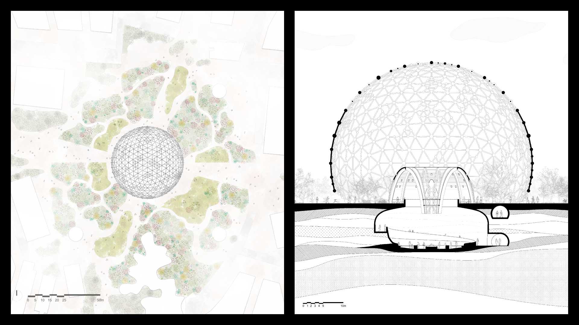 The proposal is situated within the Forest of Tranquillity. The organic planning allows for meandering paths throughout the forest which provides diverse settings where visitors can take pause and reflect. 