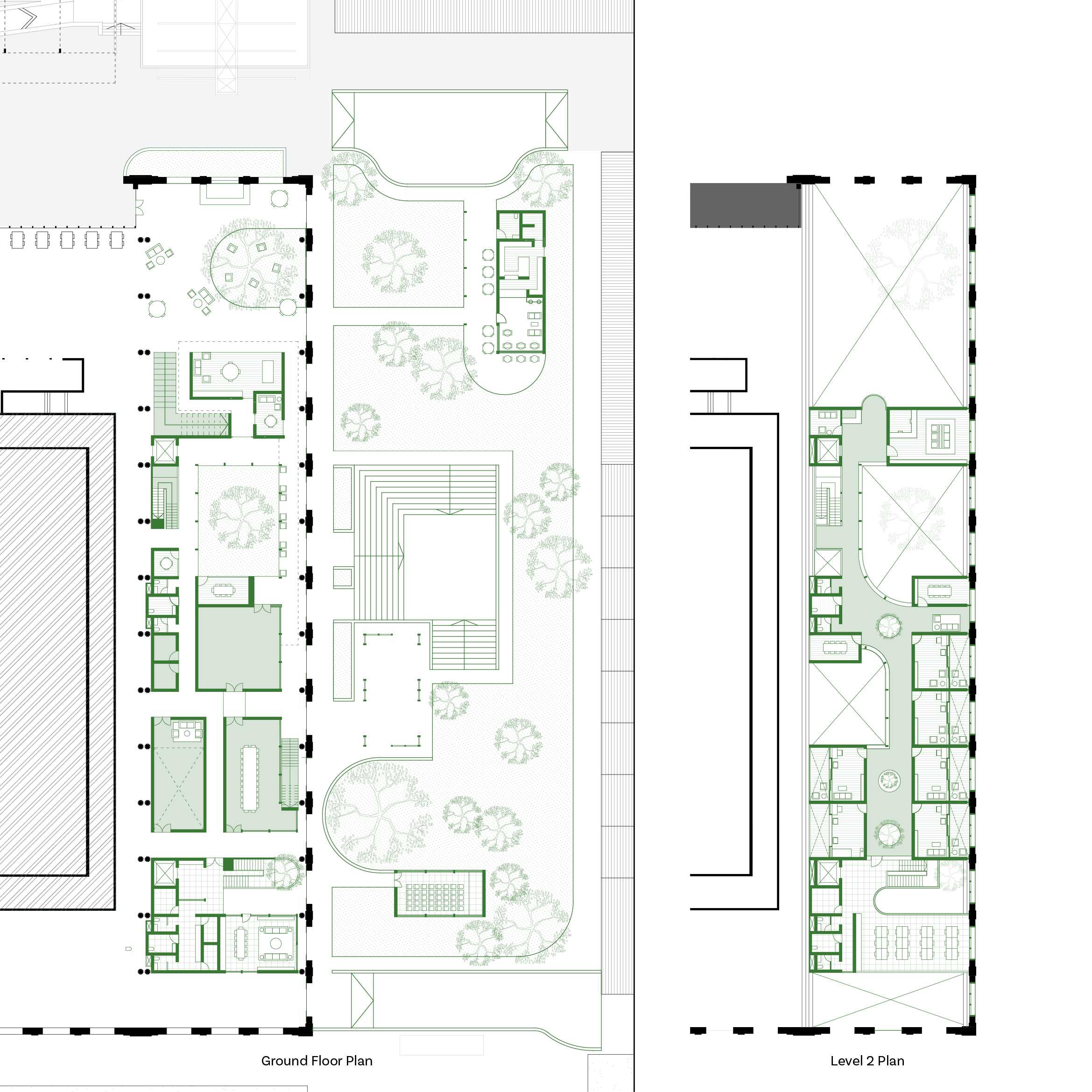 The ground plane weaves share programmed spaces with natural elements as a community space flowing from indoors to outdoors. The facility is housed on level two to maintain privacy.