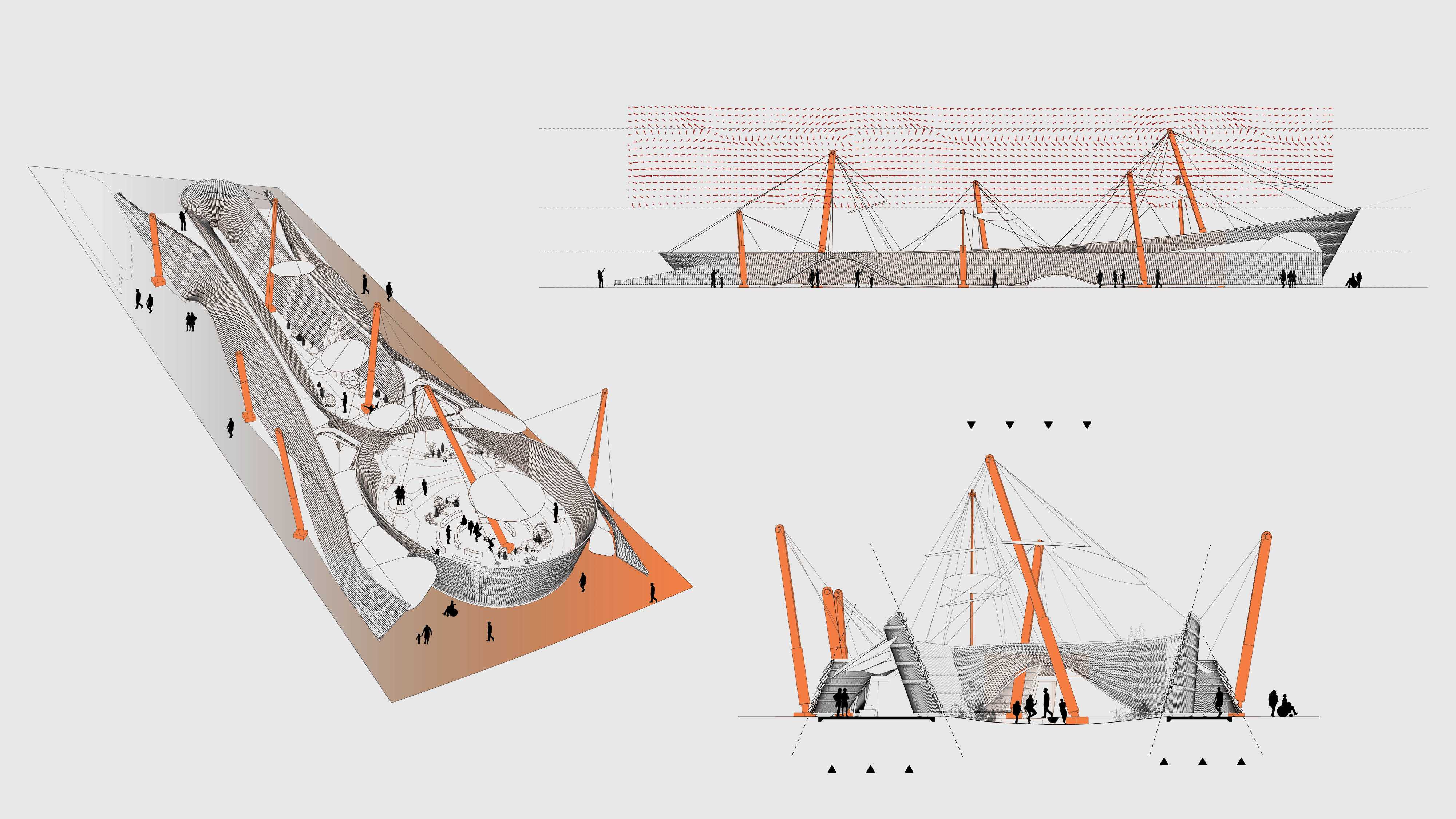 Layered soundscapes emerge from varied aural architectural profiles, instruments, and structural forms, initiating a sensory shift. Visitors connect with self, land, and sky, embracing all elements present