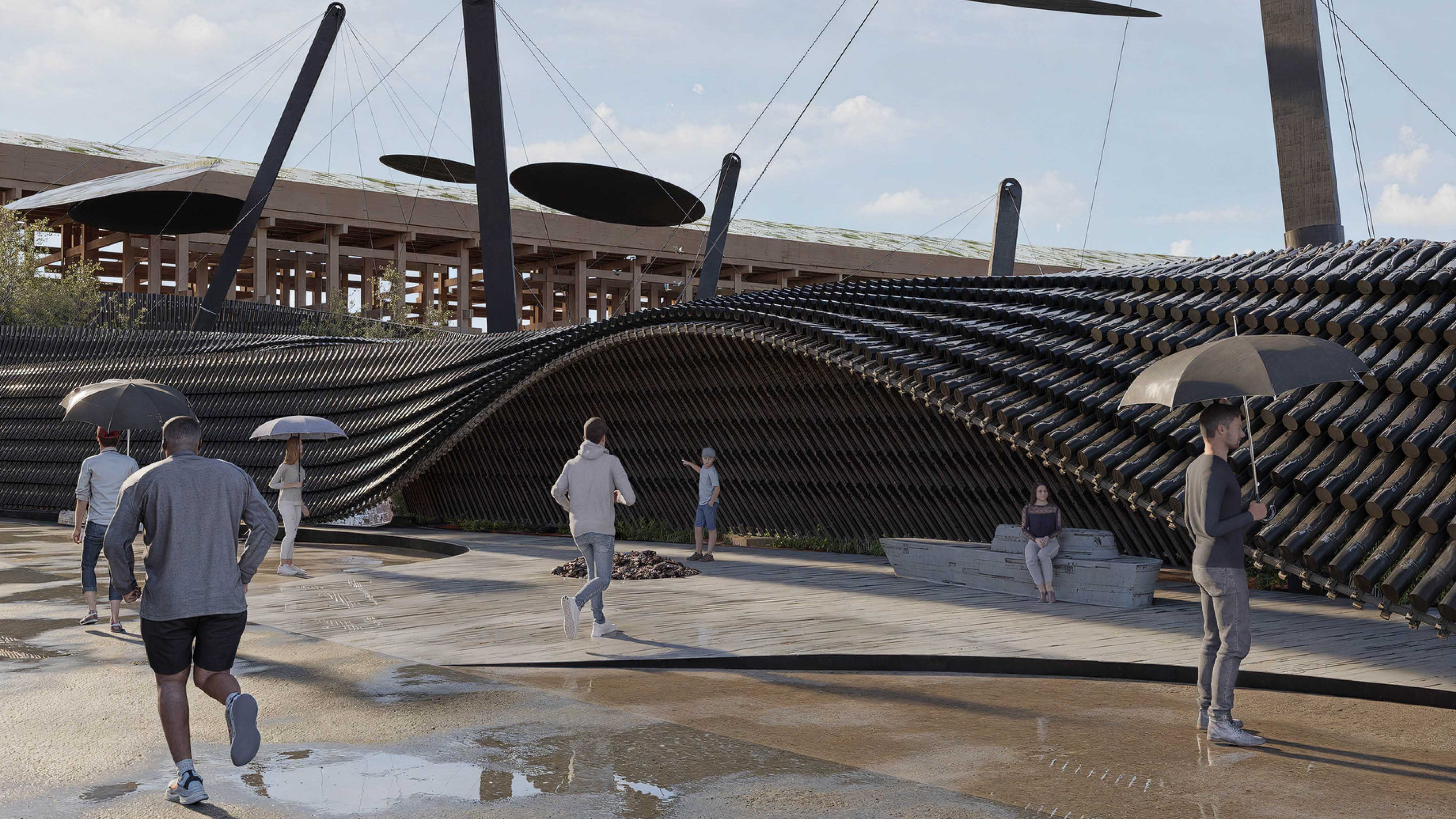 The structure’s fluid form channels sound, fostering a grounded connection to the land and enhancing sensory awareness within the architectural flow