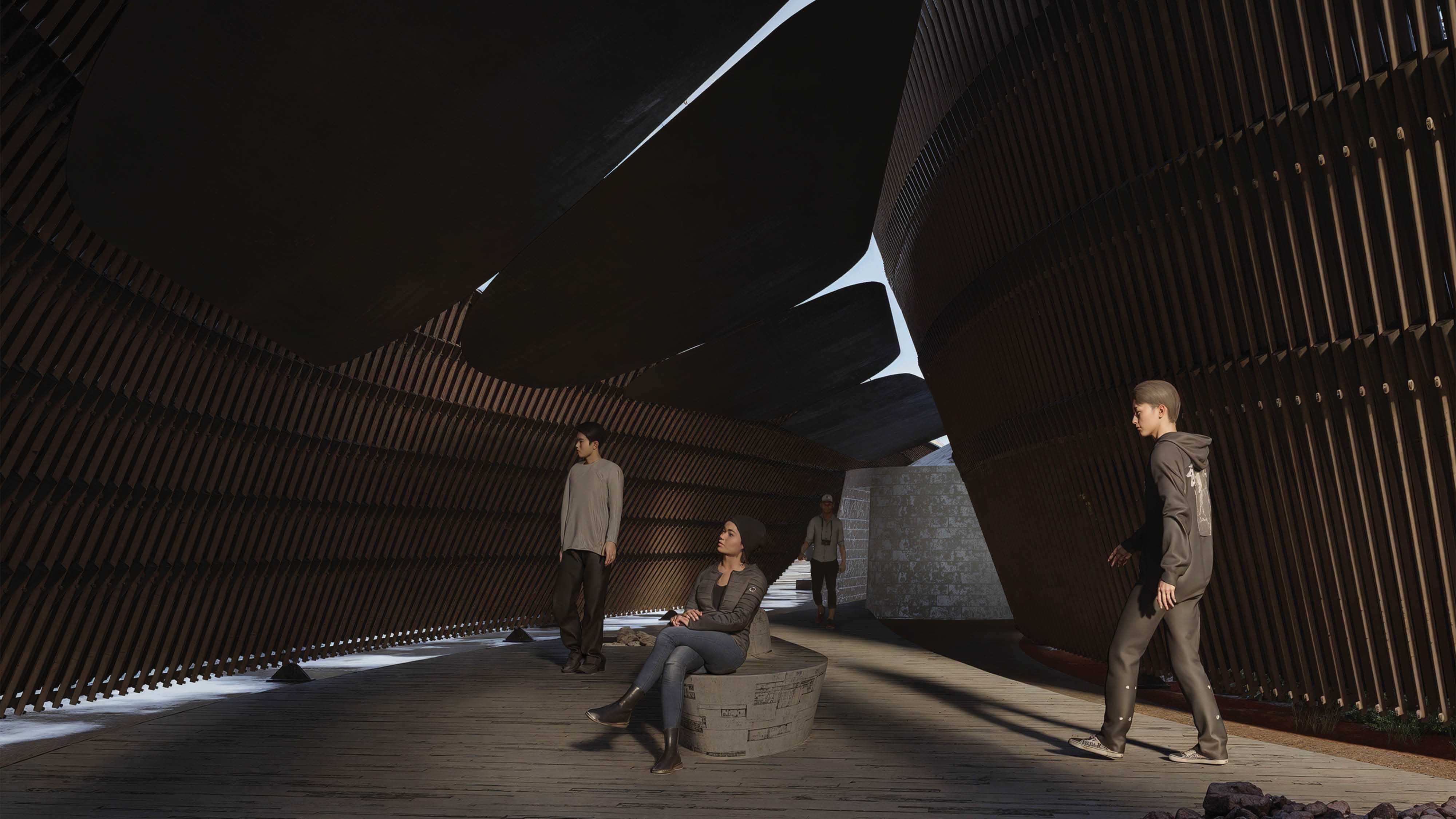 Visitors enter a dimmed space with textured floors and subtle ambient sounds, shifting focus from visual navigation to heightened listening, fostering self-awareness and deeper sensory engagement.