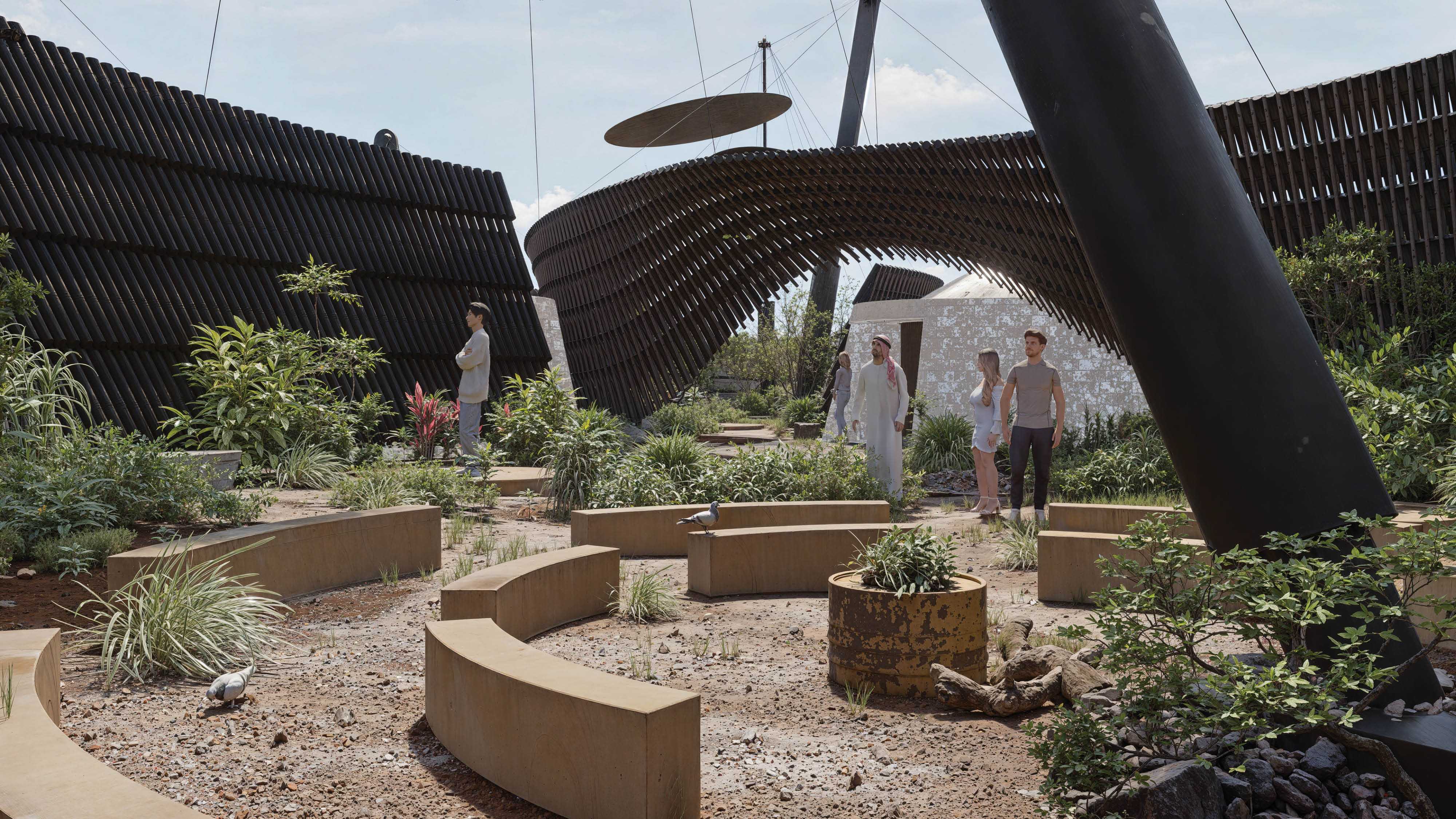 At the pavilion’s heart, the open oasis offers a microclimatic haven with bamboo walls diffusing soft, resonant sounds. Footsteps echo subtly, guiding visitors to the present moment. Surrounded by vibrant vegetation and gentle natural sounds, the oasis invites reflection and connection to Australia’s heritage, creating an immersive experience that deeply resonates.