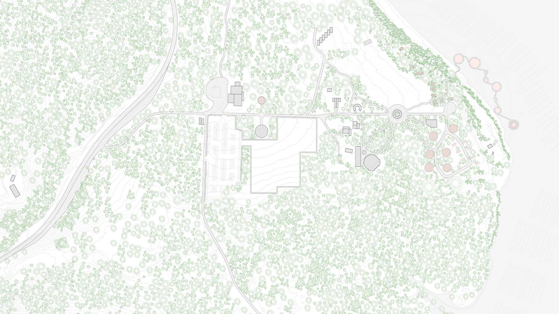 The proposed site plan of Jigamy Farms displays density with each hand-drawn tree respectfully placed on the plan. The built and unbuilt are grey and white respectively.