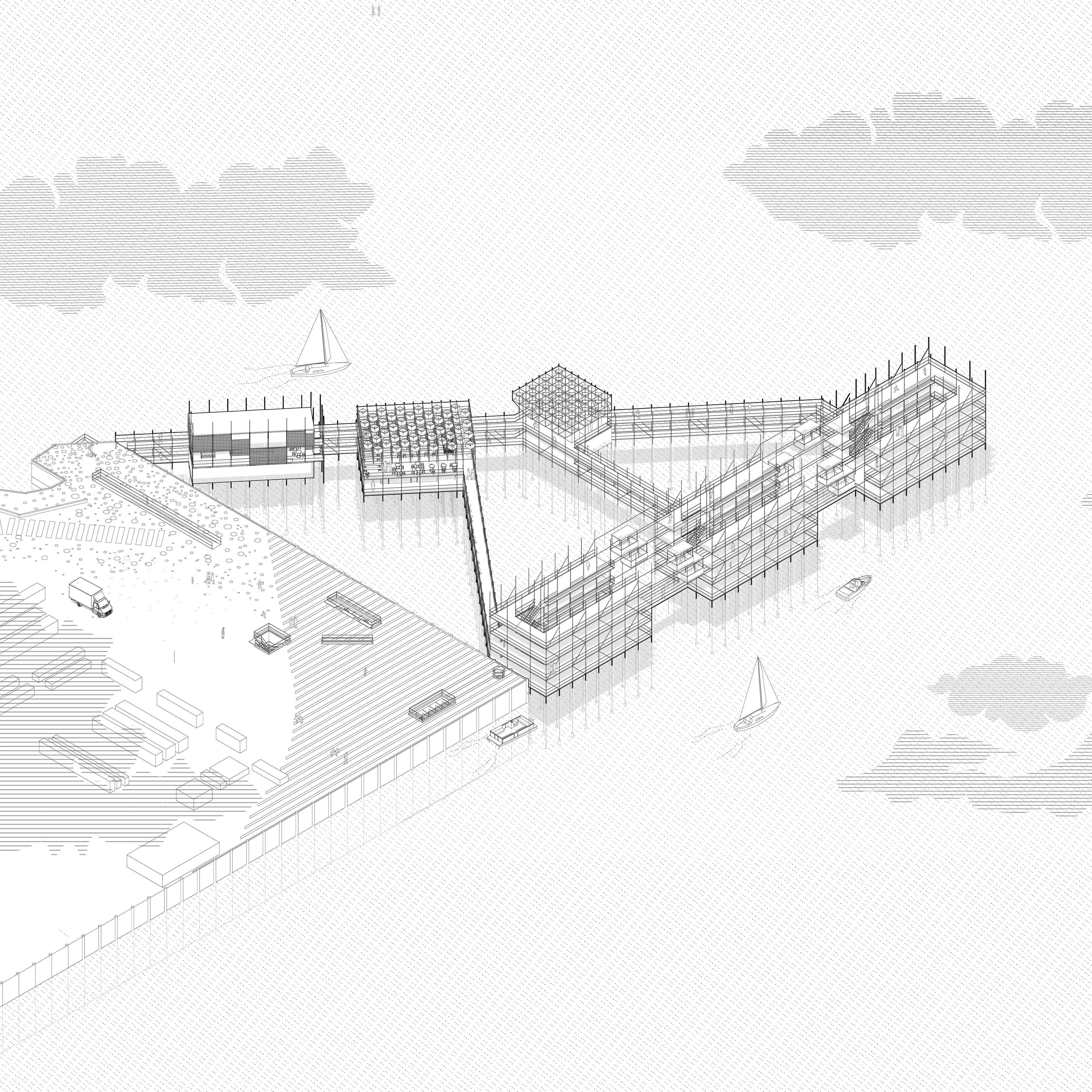 Axonometric of Pista Continuum aligned with axes of site.