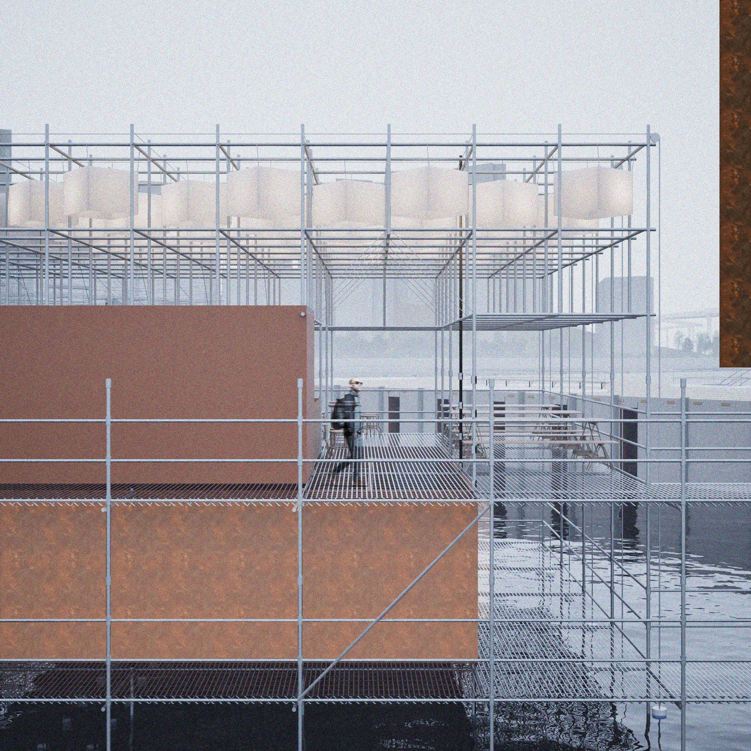 Model photograph of Pista Continuum. 
Brass rods, painted boxboard, watercolour paper, steel mesh, acrylic. 