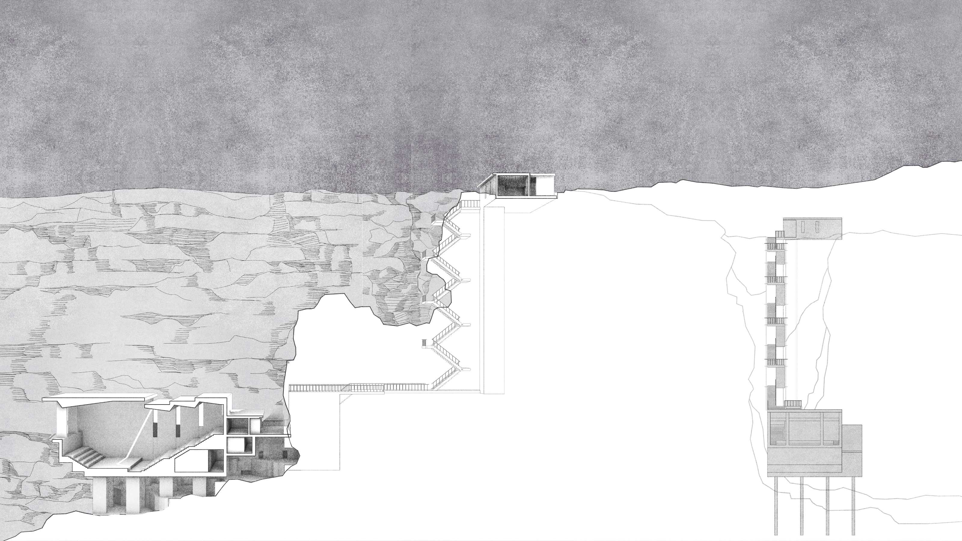 Long sectional perspective and front elevation