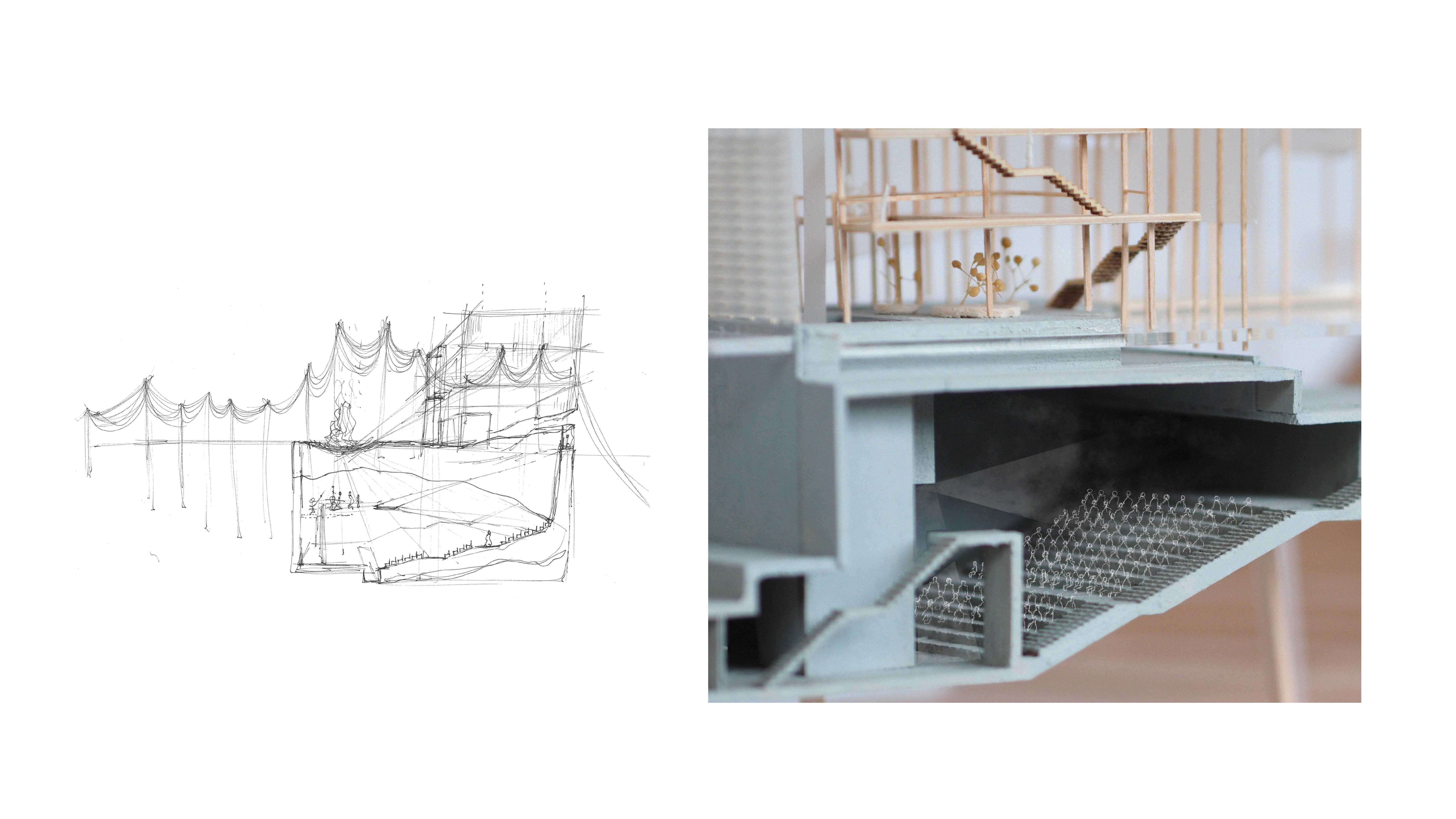 Conceptual Sketch (Left) | Curtains drift through the theatre form set alight by flame

1:200 Model Image (Right) | Annotated. Awaiting the dancer's narration in the cavernous theatre 