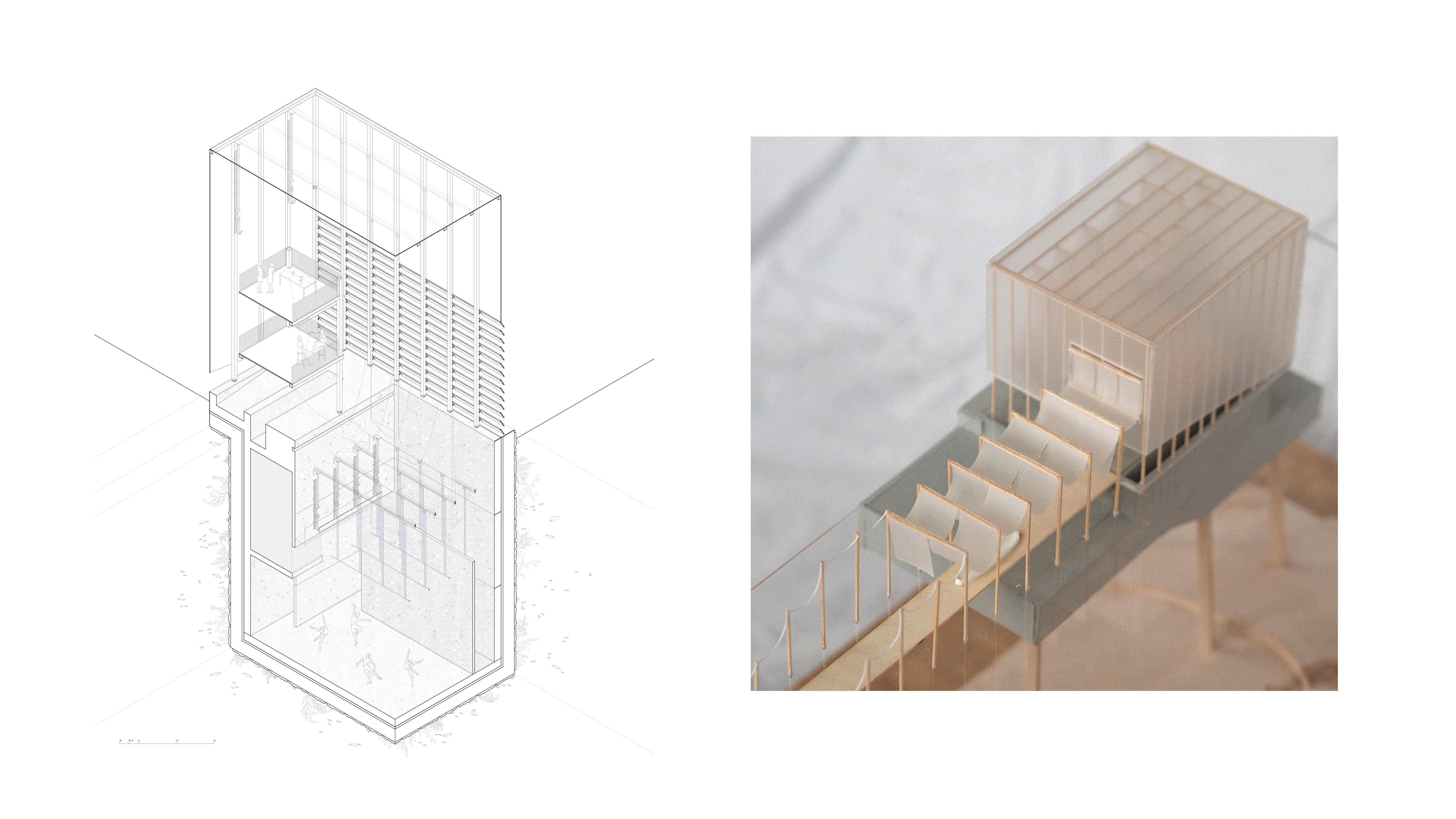 Isometric Detail (Left) | Two fly systems hoist curtains within the frosted upper box and the open void above the stage

1:200 Model Image (Right)