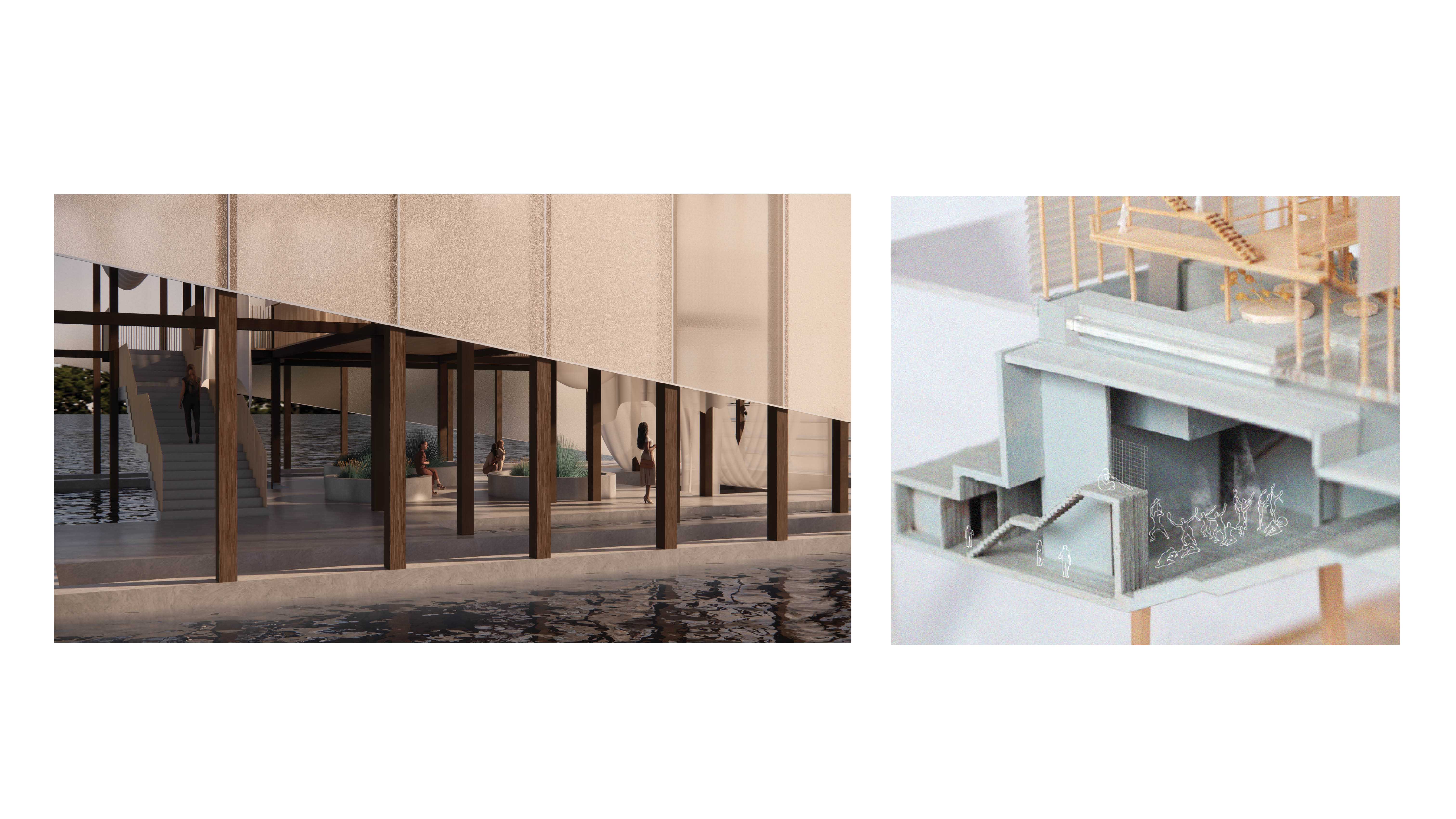 Exterior Render (Left) | Standing by in the light box

1:200 Model Image (Right) | Annotated.