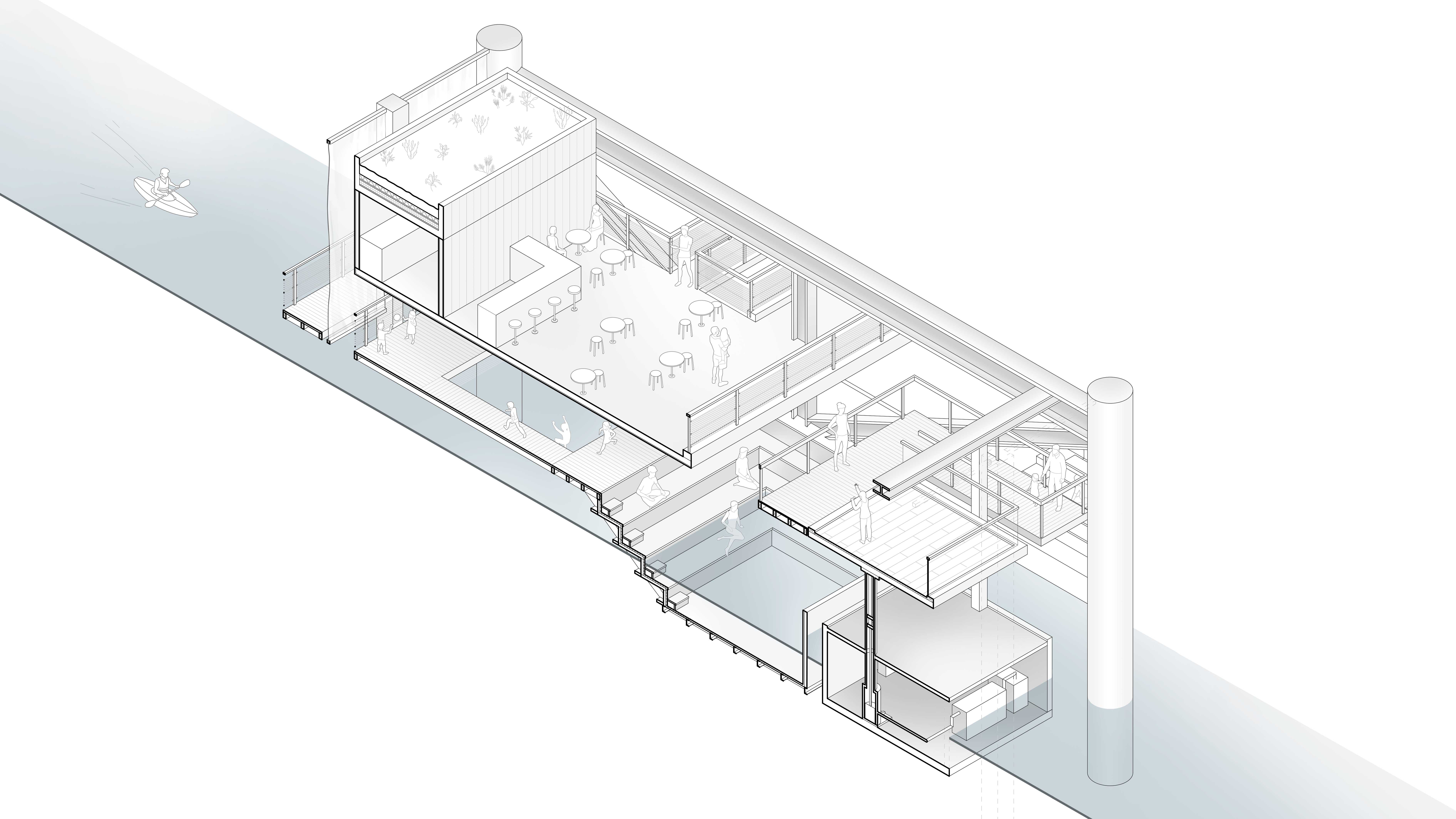 Detail Axonometric, cutting through the elevator stage, bar, and public harbour baths.