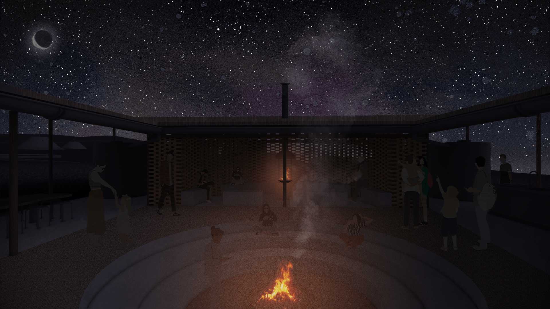 At night, the architecture recedes and you are left with the stars, and the fire. Locally sourced materials of spinifex roof and a timber structure thus give way to the cosmos. 