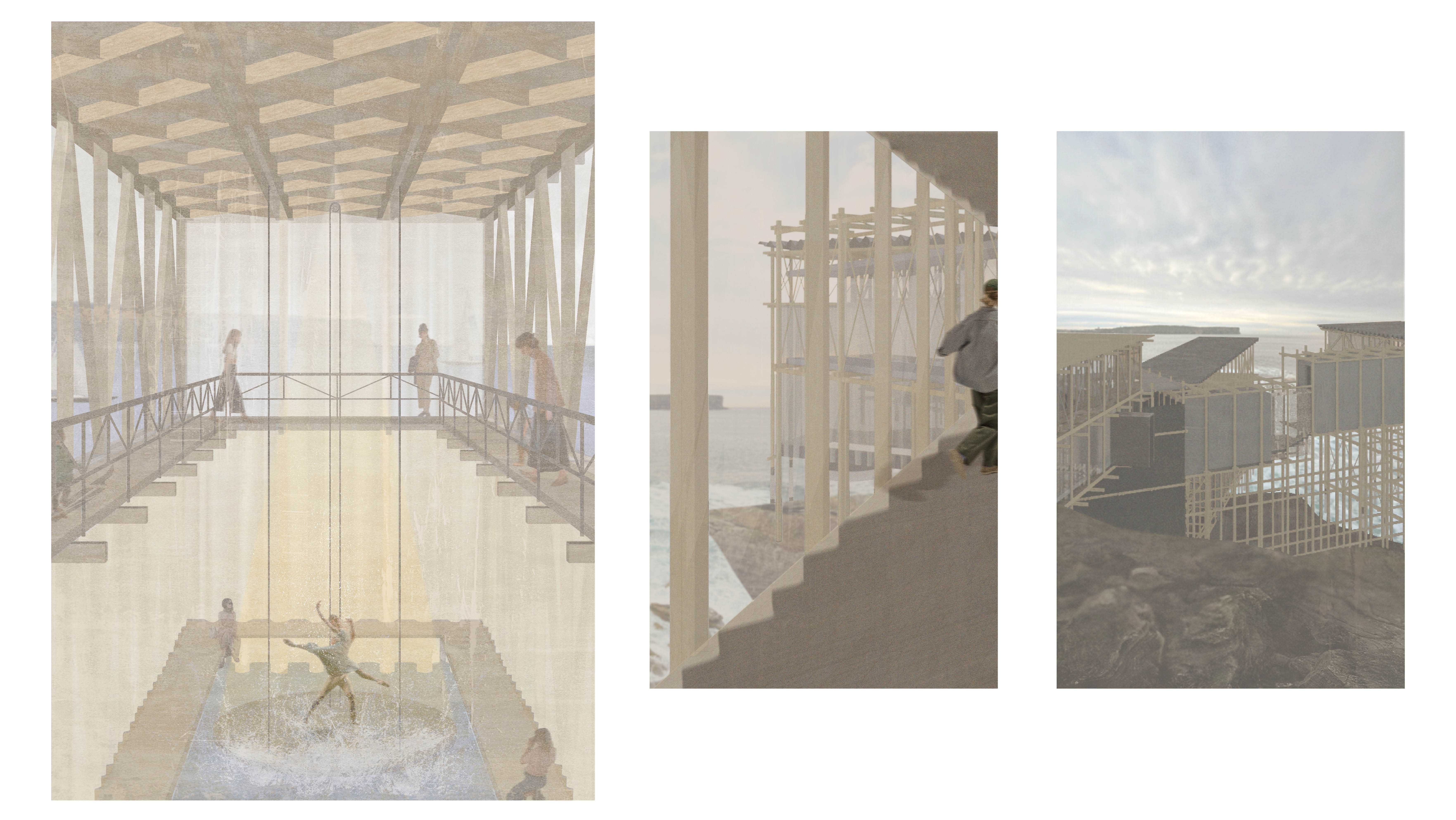 dance theatre interior, circulation interior, view from headland