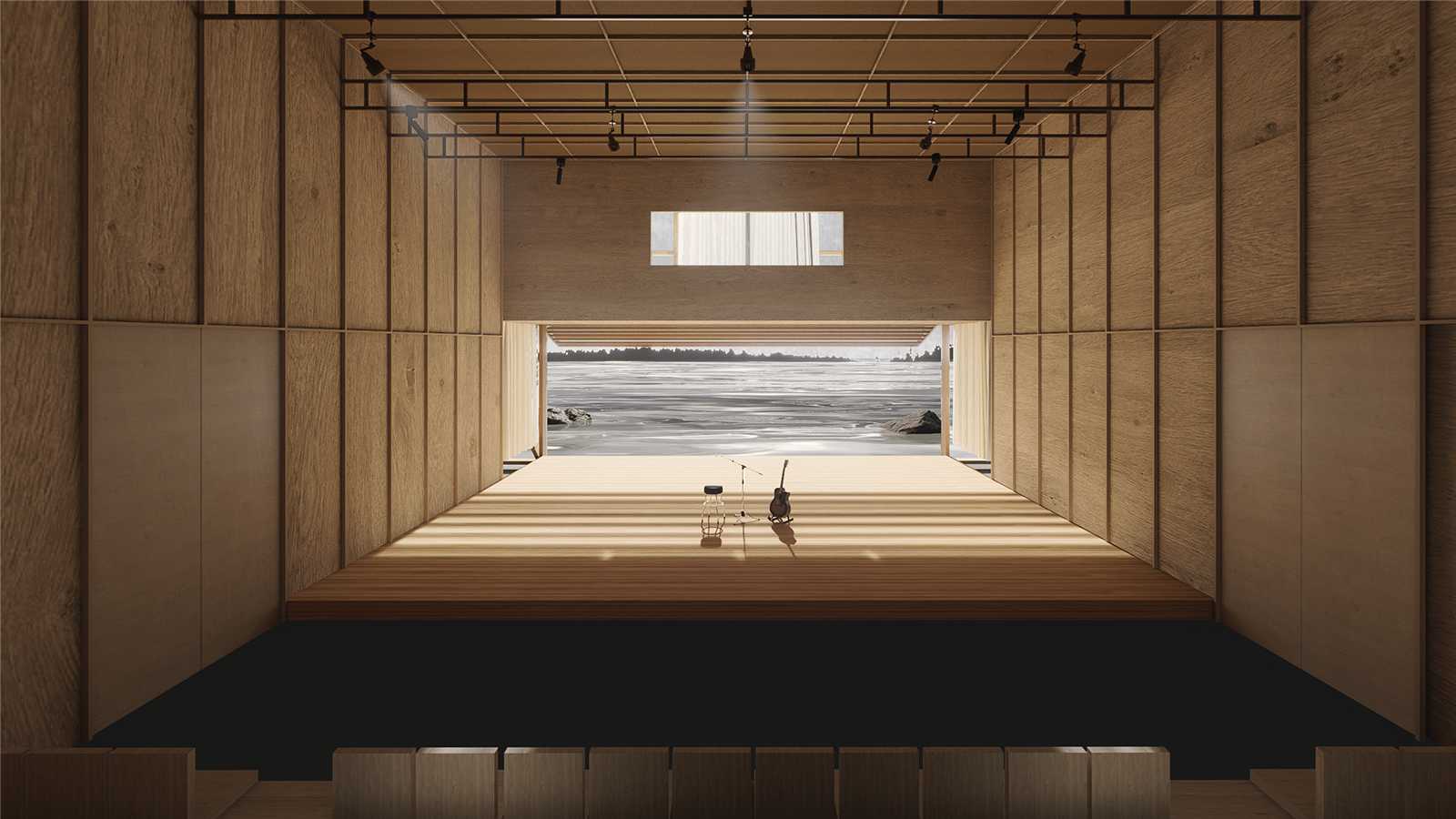 A semi-open performance space that integrates with the Sydney Harbour view, using the waterfront as a natural backdrop.