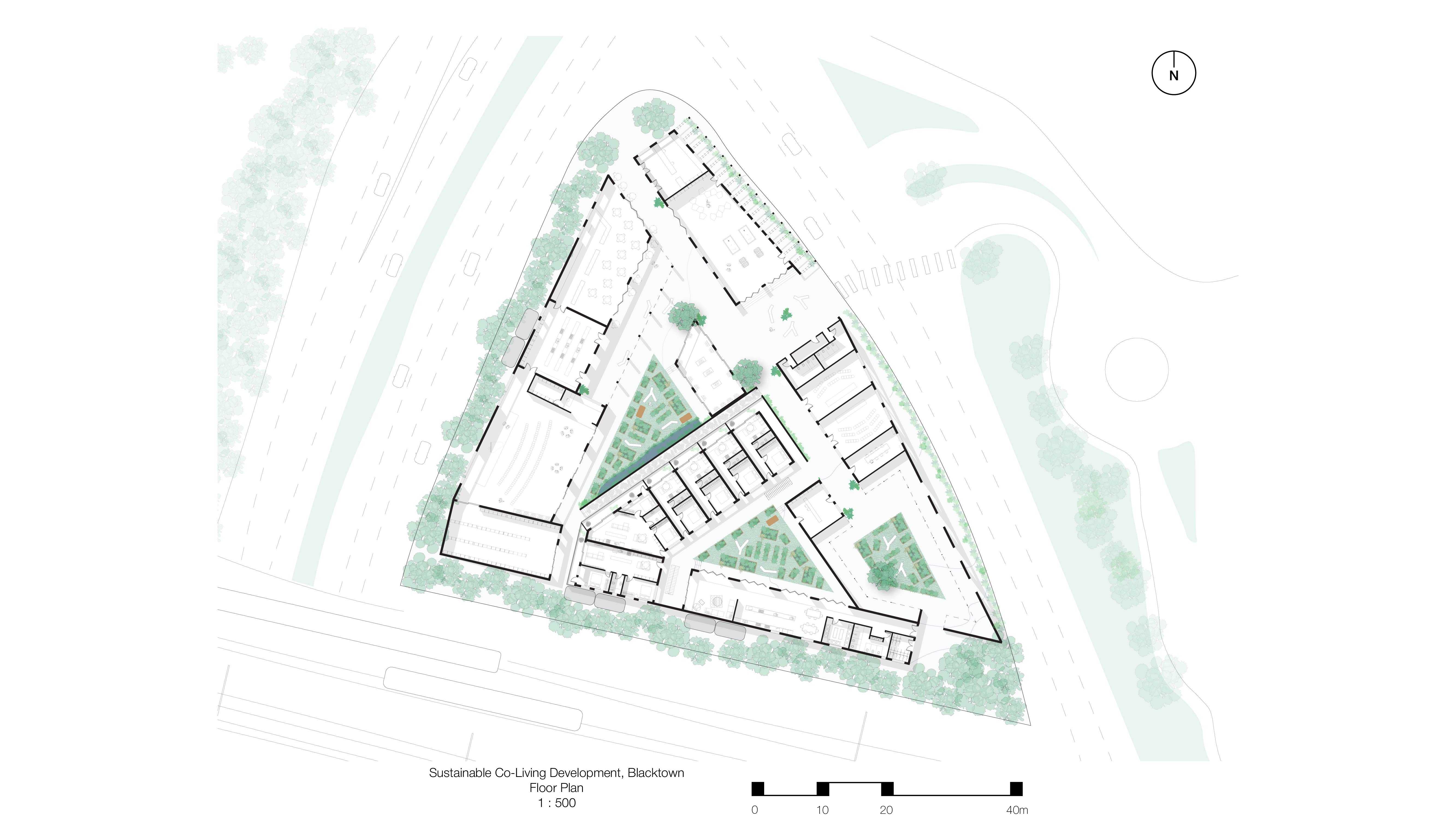 Through the floor plan, the diversity of spaces becomes clear. Each space revolves around its central community garden.