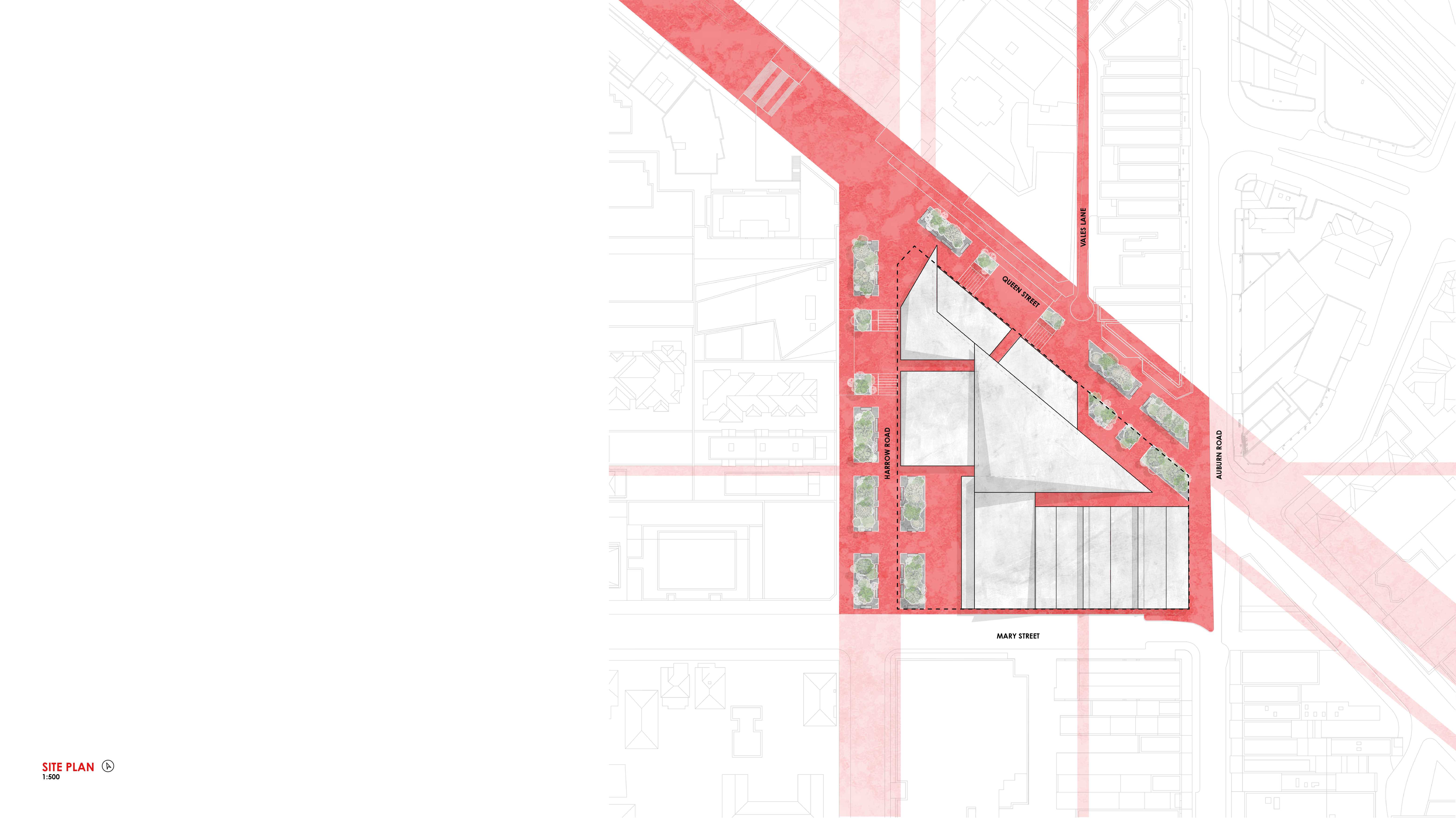 A series of public laneways bisect the site following the existing axis within Auburn. These laneways activate and provide amenity as a central hotspot for existing and proposed commercial tenancies.