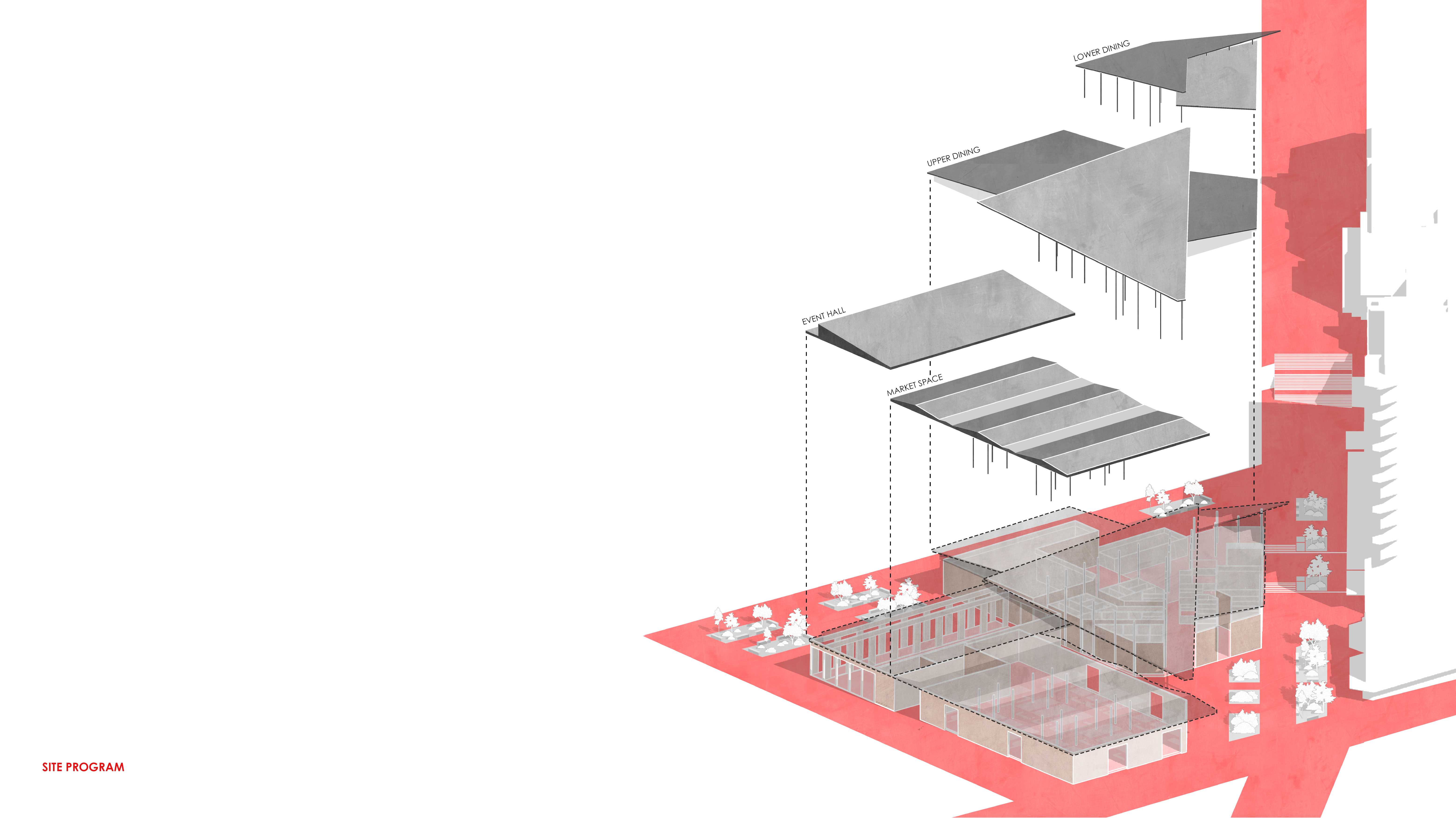 The roof works as a second skin, a pavilion-like form not restricted by a singular program. This offers future adaptations in program without imposing a strict confinement in its form.