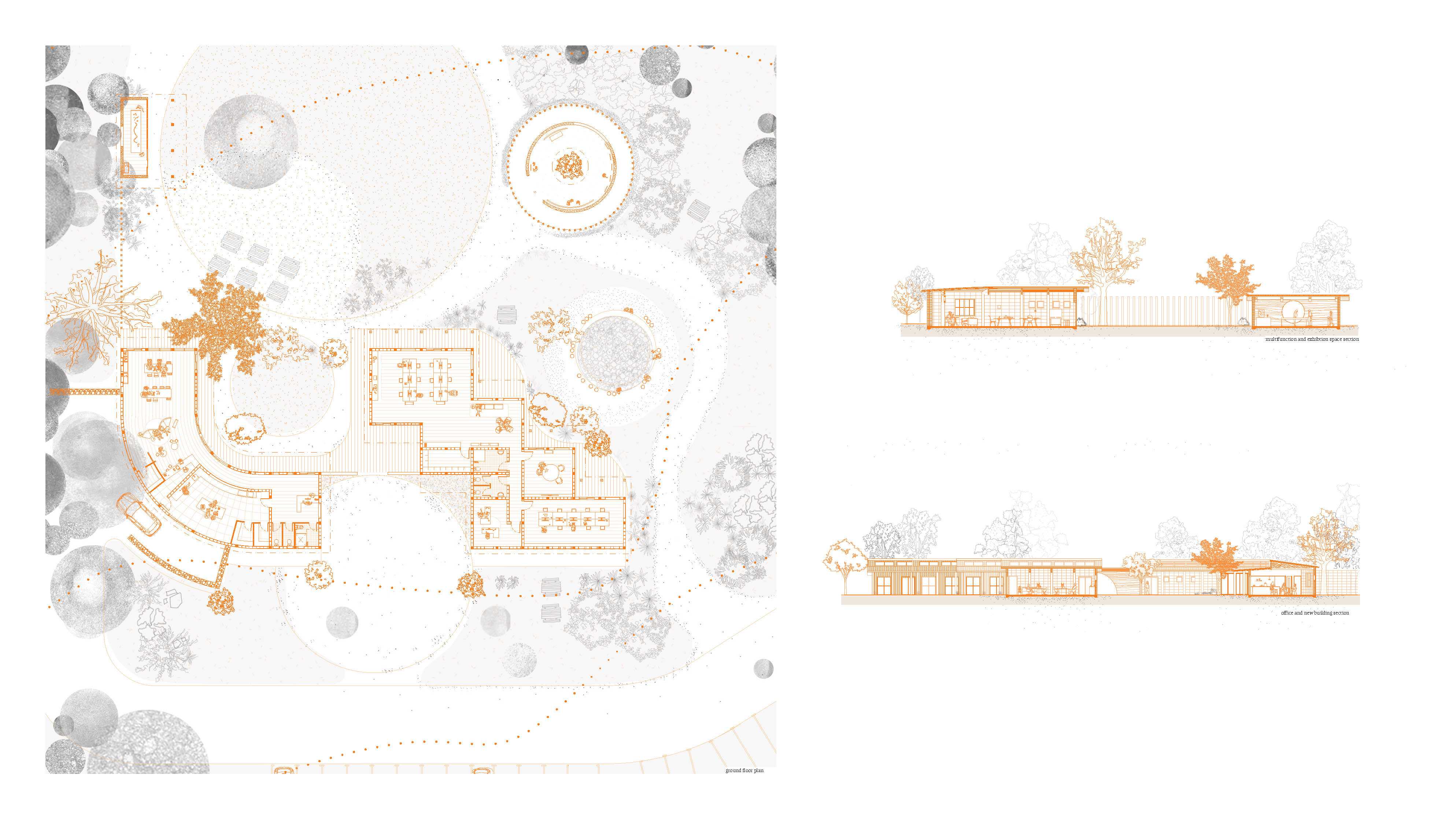 The architectural drawings, including the ground floor plan and sections, illustrate a series of thresholds and spaces designed as focal points for gathering and celebration.